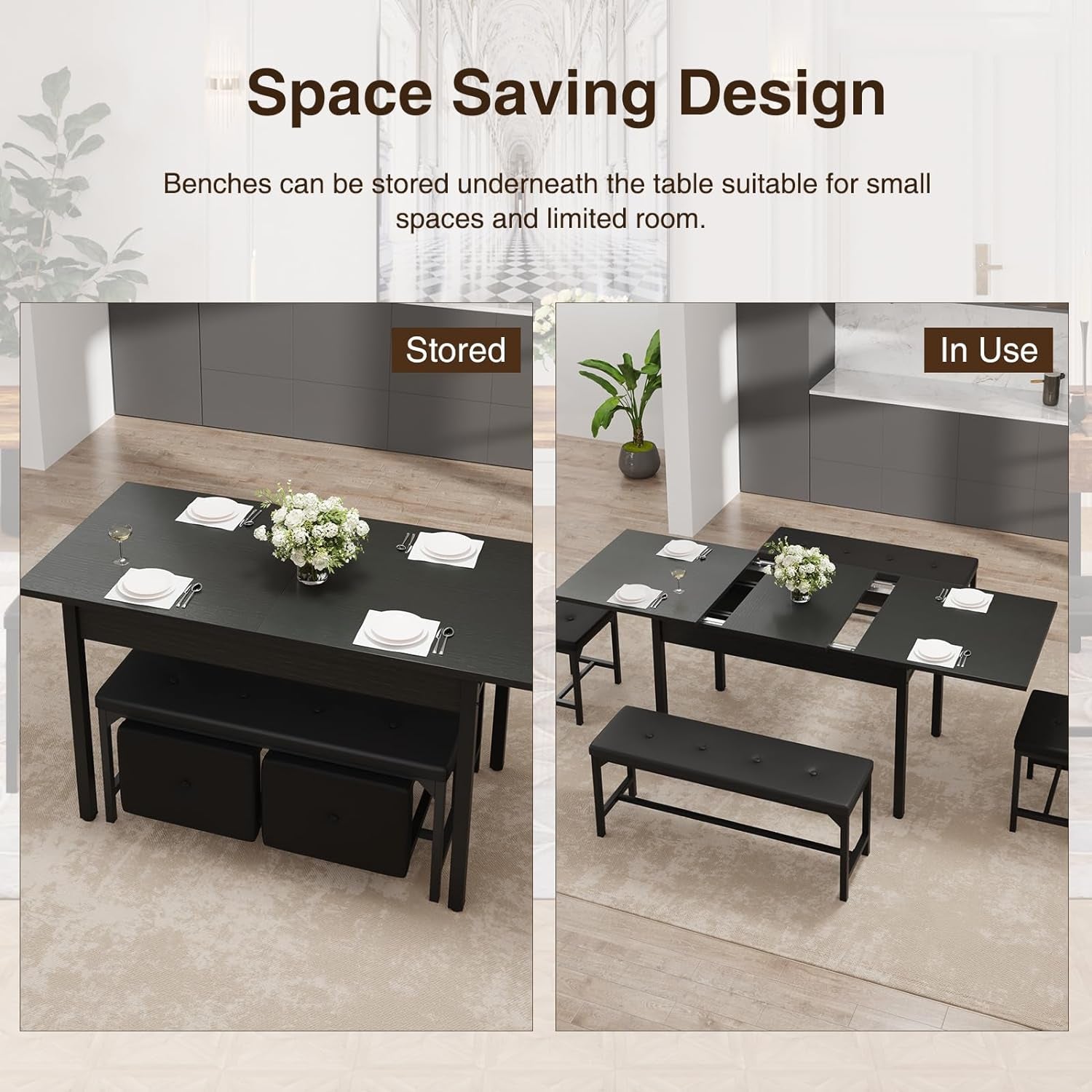 5-Piece Dining Table Set, Kitchen Table Set with Metal Frame & Wooden Board for 4-8，63