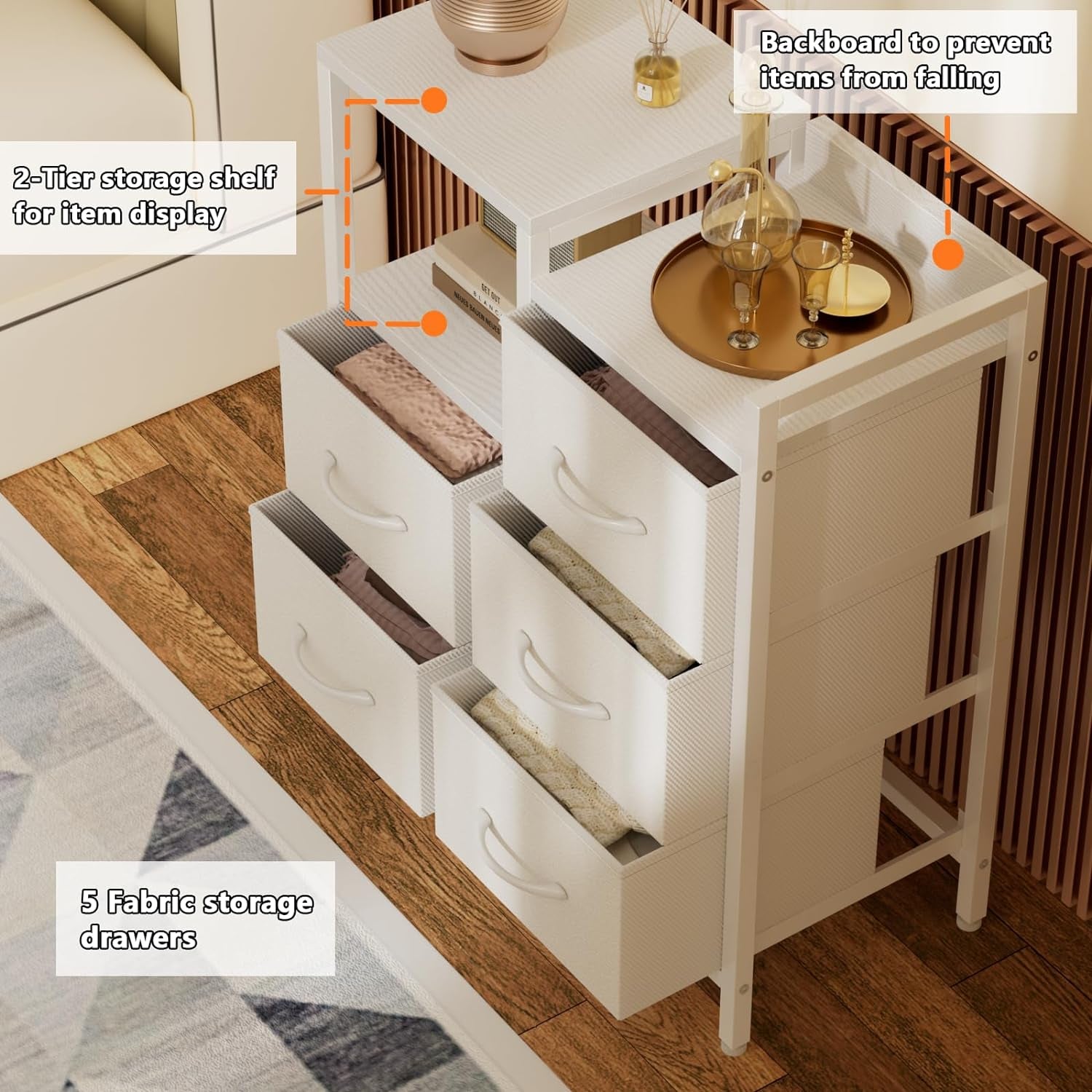 White Dresser for Bedroom, Small Nightstand with 2-Tier Open Shelf and 5 Fabric Drawers, Storage Unit Organizer Tower Furniture for Living Room, Hallway, Dorm, Closets(White)