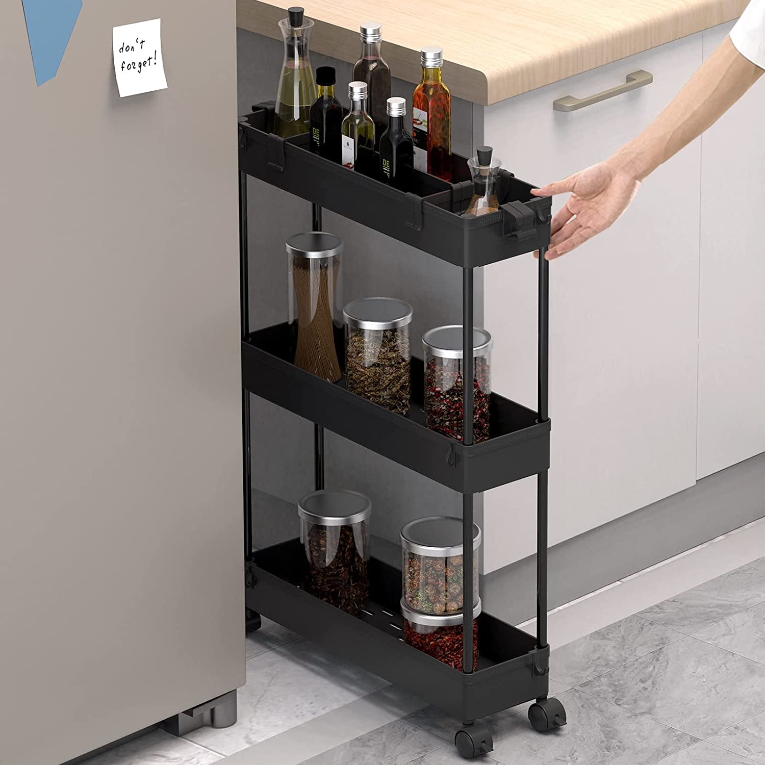 Slim Storage Cart,3 Tier Bathroom Rolling Slide Out Utility Cart, Mobile Shelving Unit Organizer Trolley for Office Bathroom Kitchen Laundry Room Narrow Places, Black
