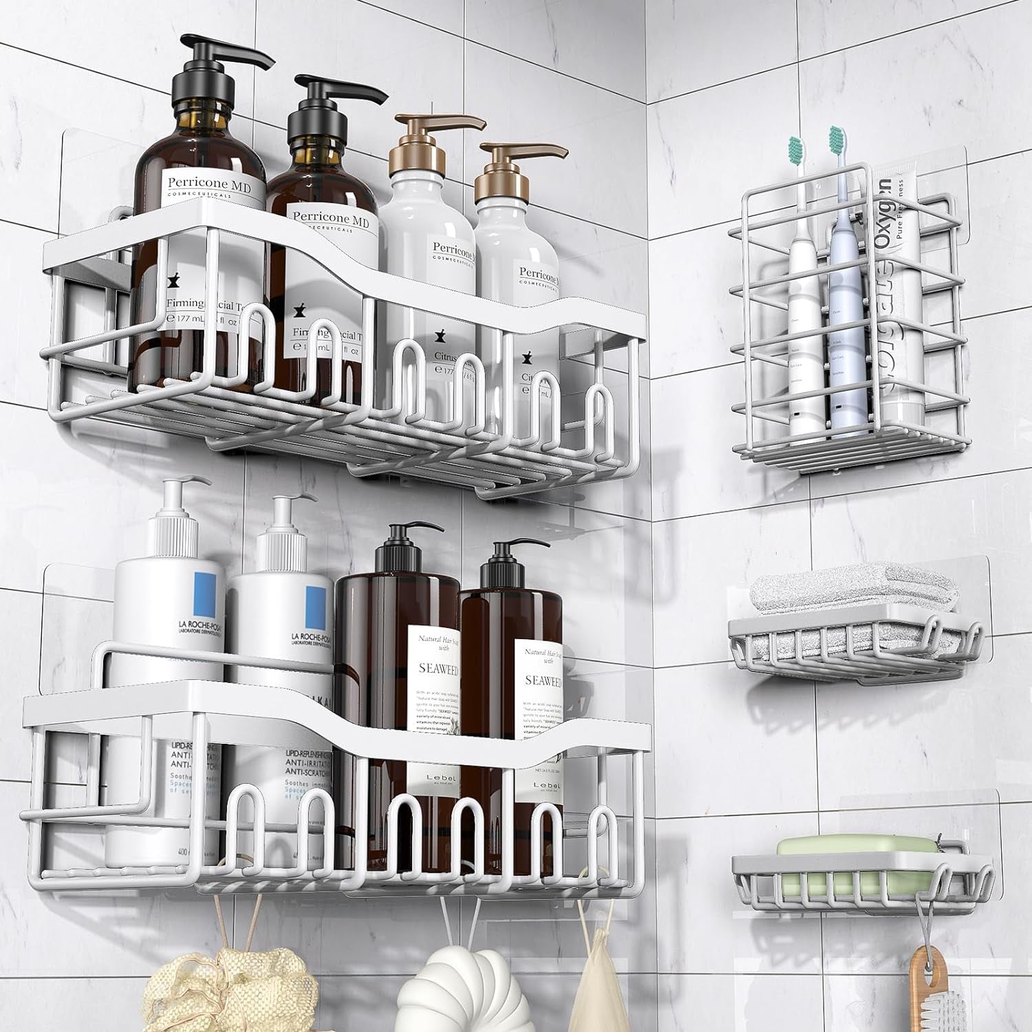 Shower Caddy 5 Pack,Adhesive Shower Organizer for Bathroom Storage&Home Decor&Kitchen,No Drilling,Large Capacity,Rustproof Stainless Steel Bathroom Organizer,Shower Shelves for inside Shower