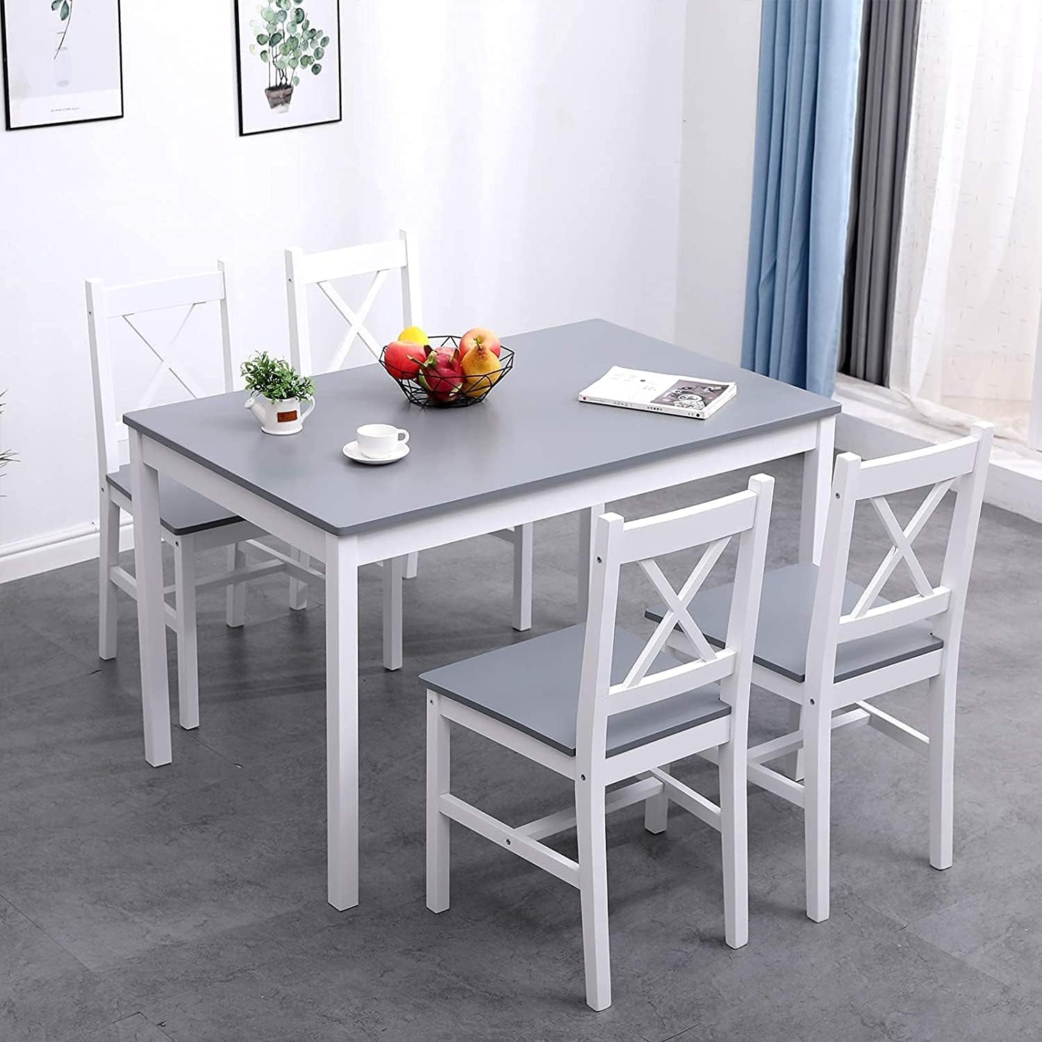 4-Person Dining Table Set 5 Pieces, Wood Kitchen Table Set with 4 Chairs for Kitchen Dining Room Restaurant, Grey and White