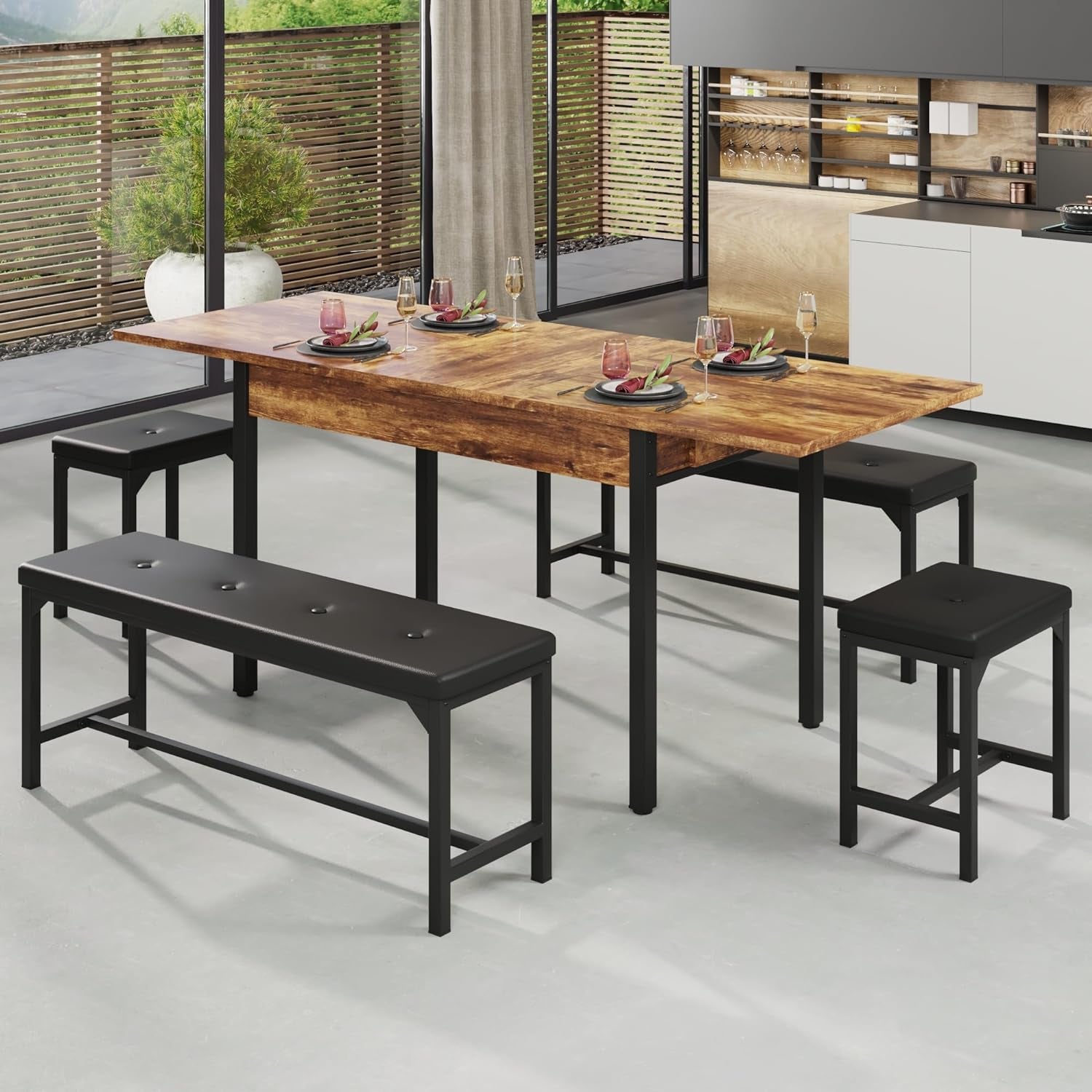 5-Piece Dining Table Set, Kitchen Table Set with Metal Frame & Wooden Board for 4-8, 63