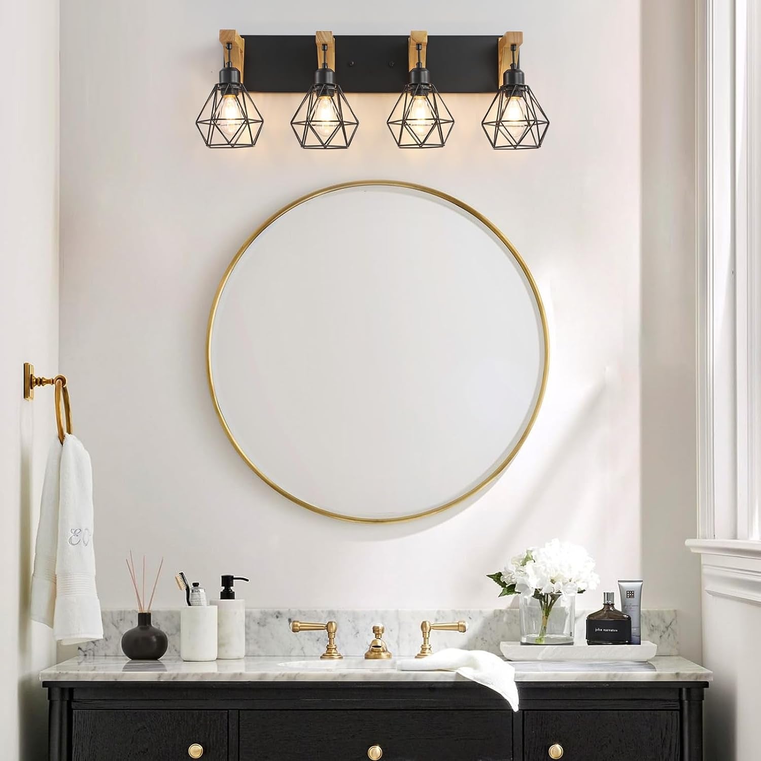 4-Light Farmhouse Bathroom Vanity Light Fixtures, Wood Bathroom Light over Mirror, Rustic Sconces Wall Lighting with Elegant Metal Lampshade for Living Room, Bedroom, Hallway