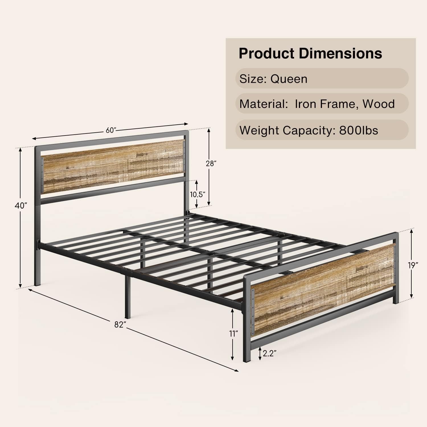 Queen Metal Platform Bed with Wooden Headboard, 15 Inch Iron Slats, Large Under-Bed Storage, No Noise, No Box Spring Needed, Easy Assembly, Grey