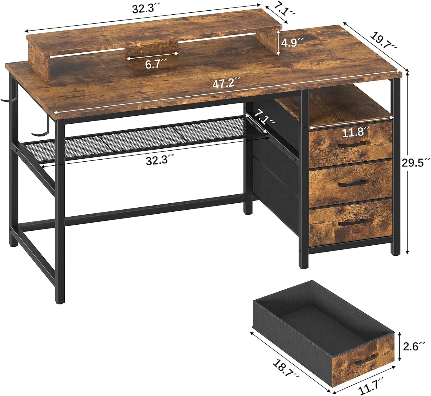 3 Drawer Computer Desk, Office Desk with Monitor Stand & Fabric Drawers, Writing Gaming Table with Storage Drawer for Home Office, Modern Workstation