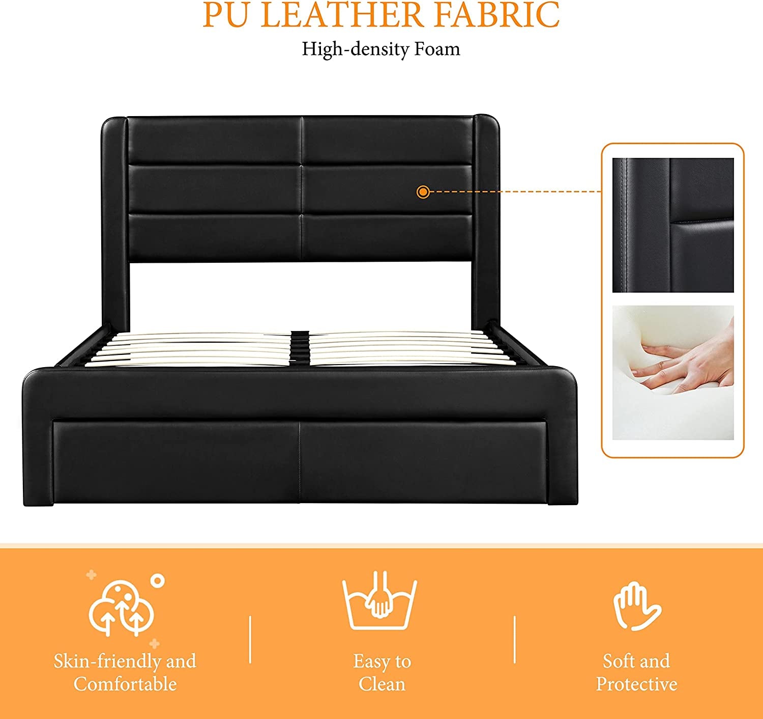 Queen Size Bed Frame Platform with 2 USB Charging Station/Port for Type A&Type C/3 Storage Drawers, Leather Upholstered with Headboard/Solid Wood Slat Support/No Box Spring Needed/Black