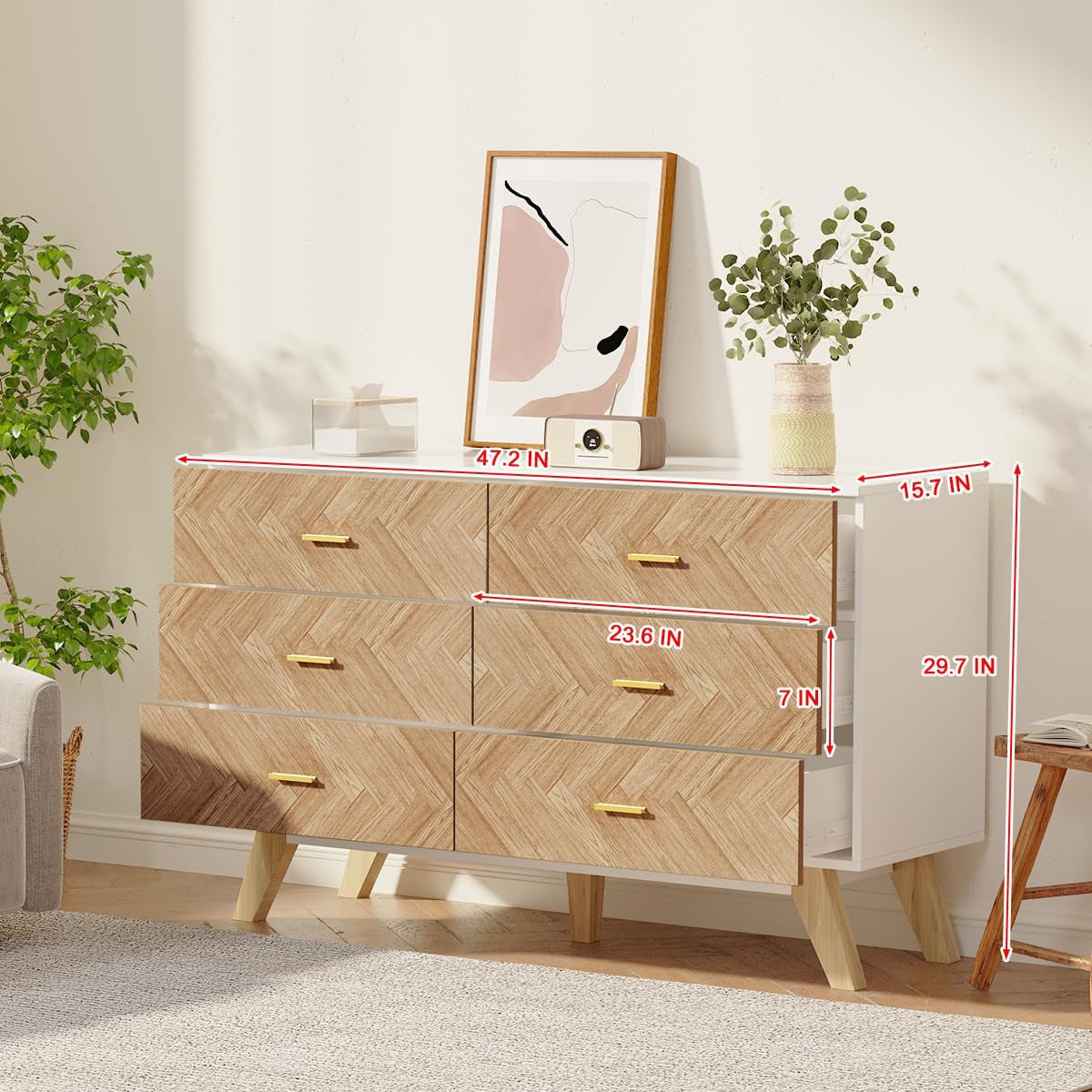 Wood Dresser with 6 Deep Drawers, 6 Chest of Drawers Double Dressers, Modern Storage Cabinet for Bedroom, Living Room, Hallway, Entryway - Oak
