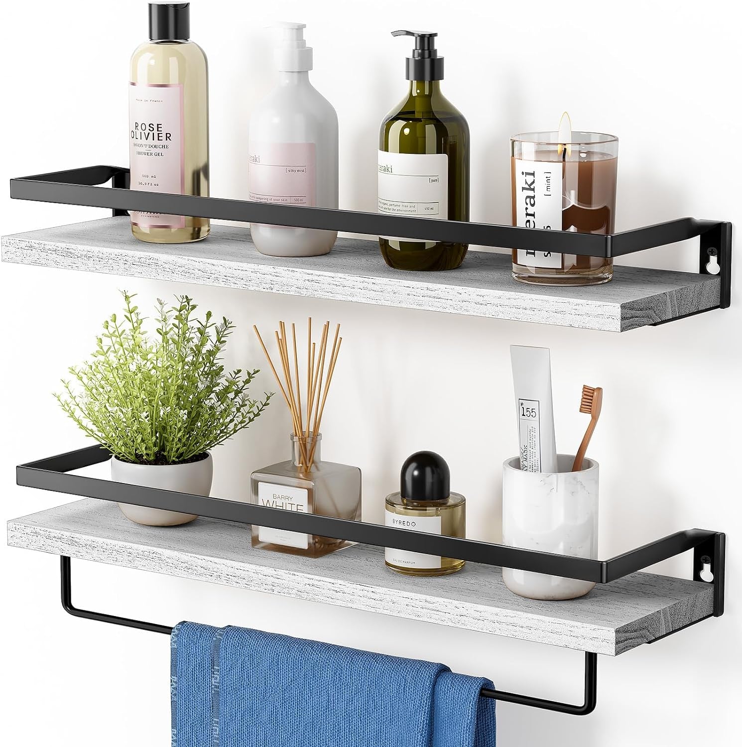 Wall Shelves, Floating Shelves for Bathroom, Kitchen, Bedroom, Bathroom Shelf with Towel Bar, Set of 2, White - AMFS01W