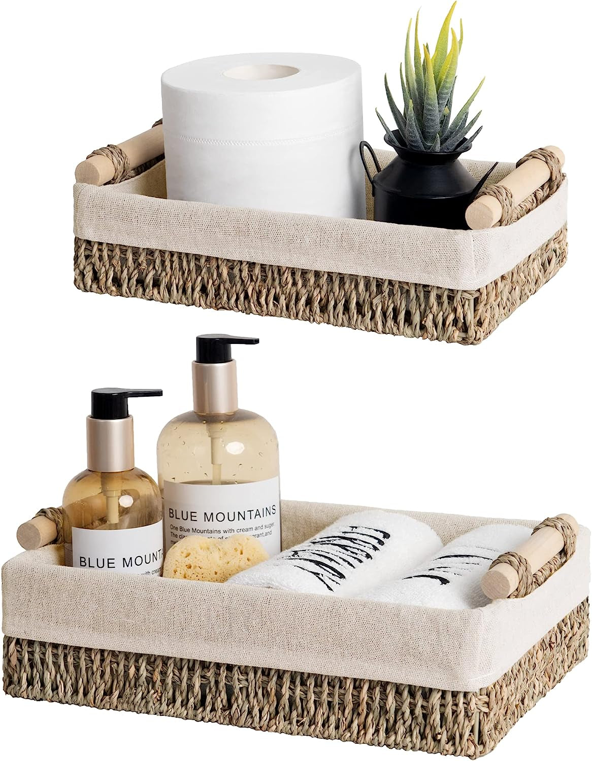 Small Seagrass Baskets for Organizing, Wicker Basket for Organizer, Storage Baskets with Wooden Handles and Natural Fiber Liner, Set of 2