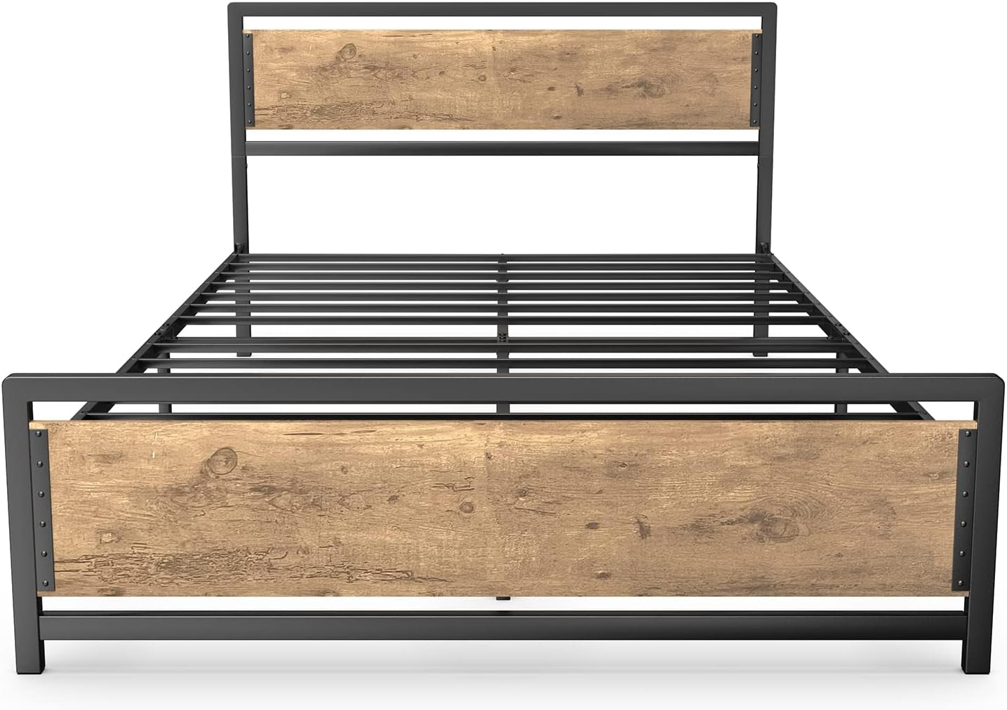 Queen Metal Platform Bed Frame with Wooden Headboard, 15 Iron Slats, Large Underbed Storage, Easy Assembly, No Box Spring Needed