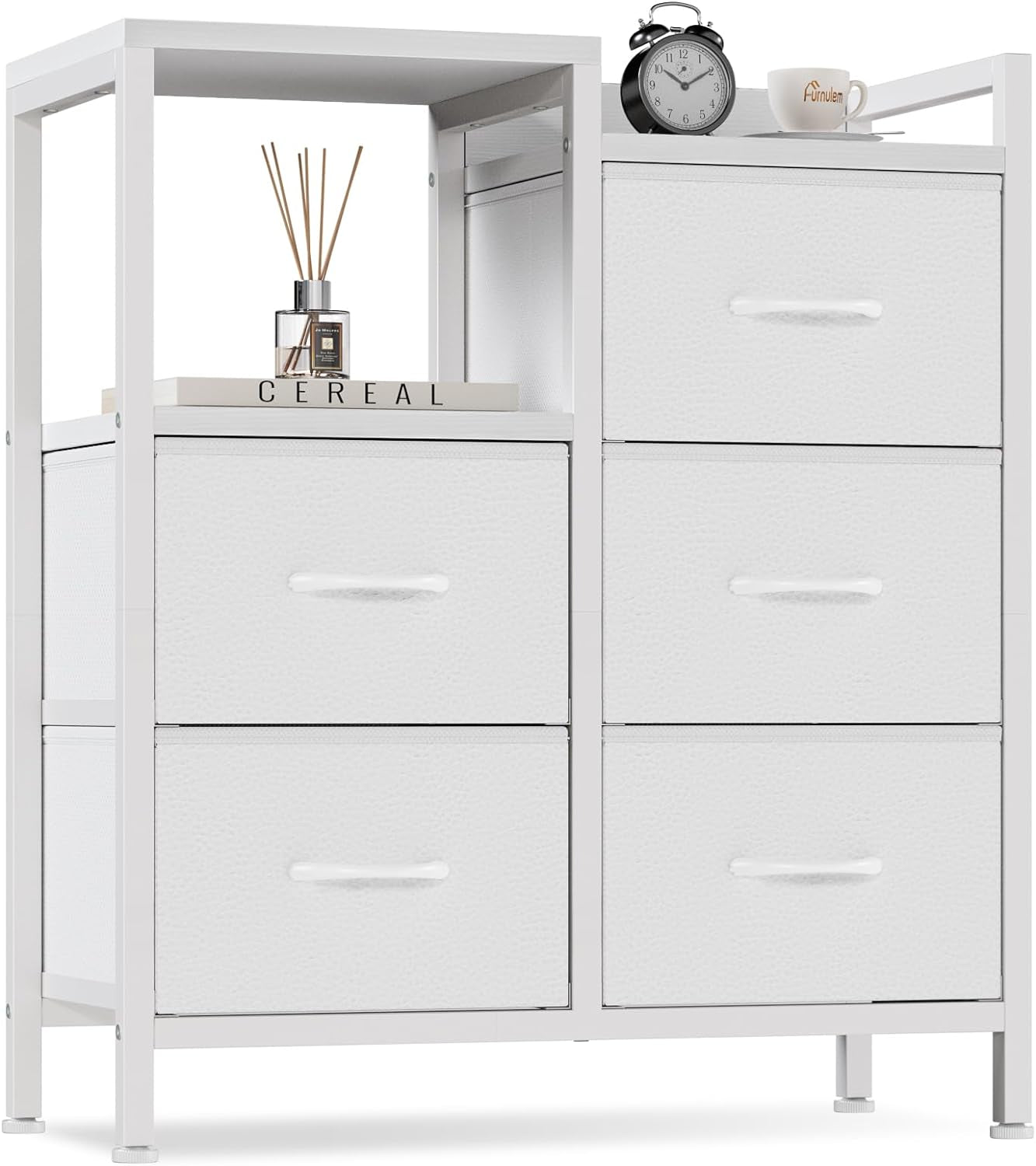 White Dresser for Bedroom, Small Nightstand with 2-Tier Open Shelf and 5 Fabric Drawers, Storage Unit Organizer Tower Furniture for Living Room, Hallway, Dorm, Closets(White)