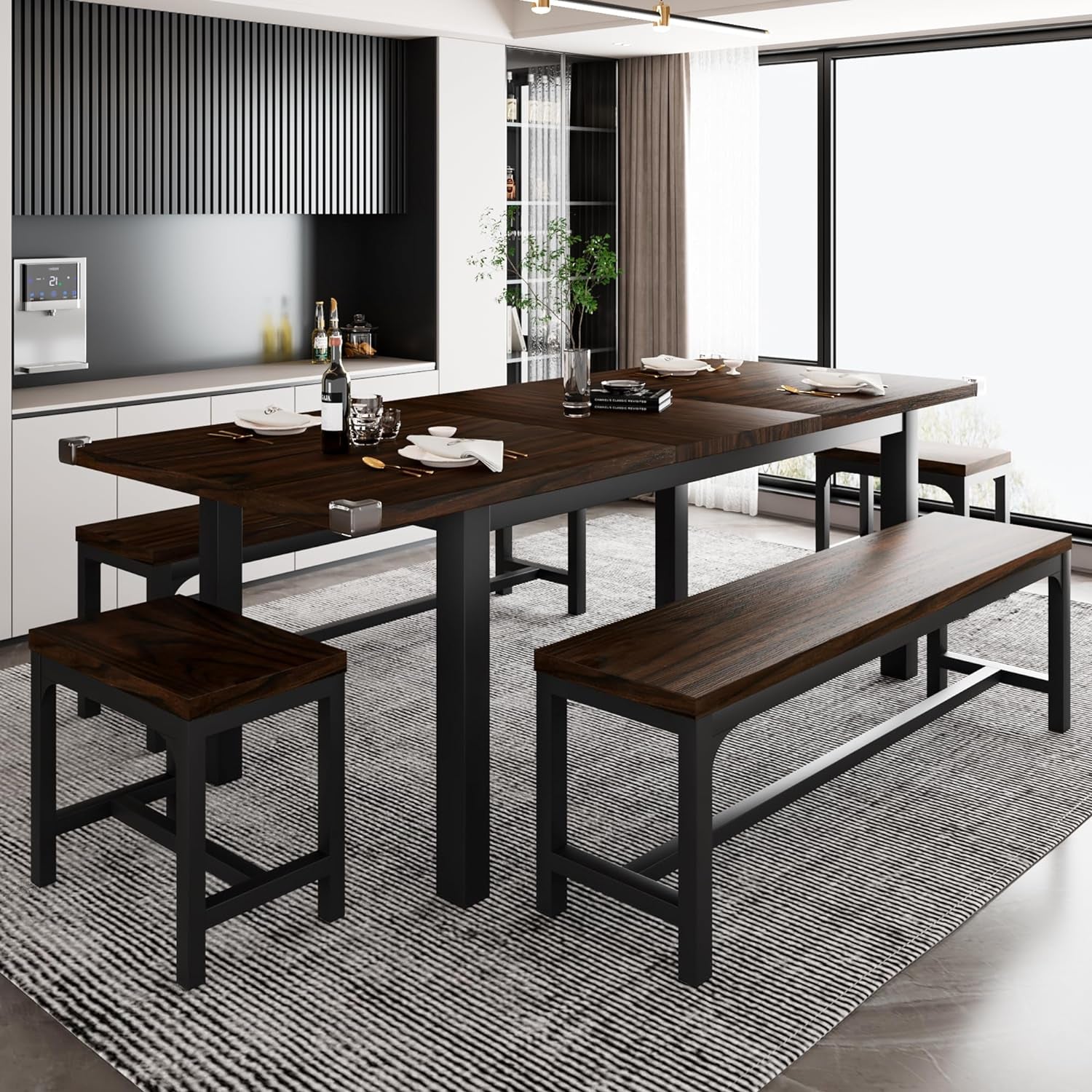 5-Piece Dining Table Set for 4-8 People, Extendable Kitchen Table Set with 2 Benches and 2 Square Stools, Mid-Century Dining Room Table with Metal Frame & MDF Board, Saving Space, Espresso