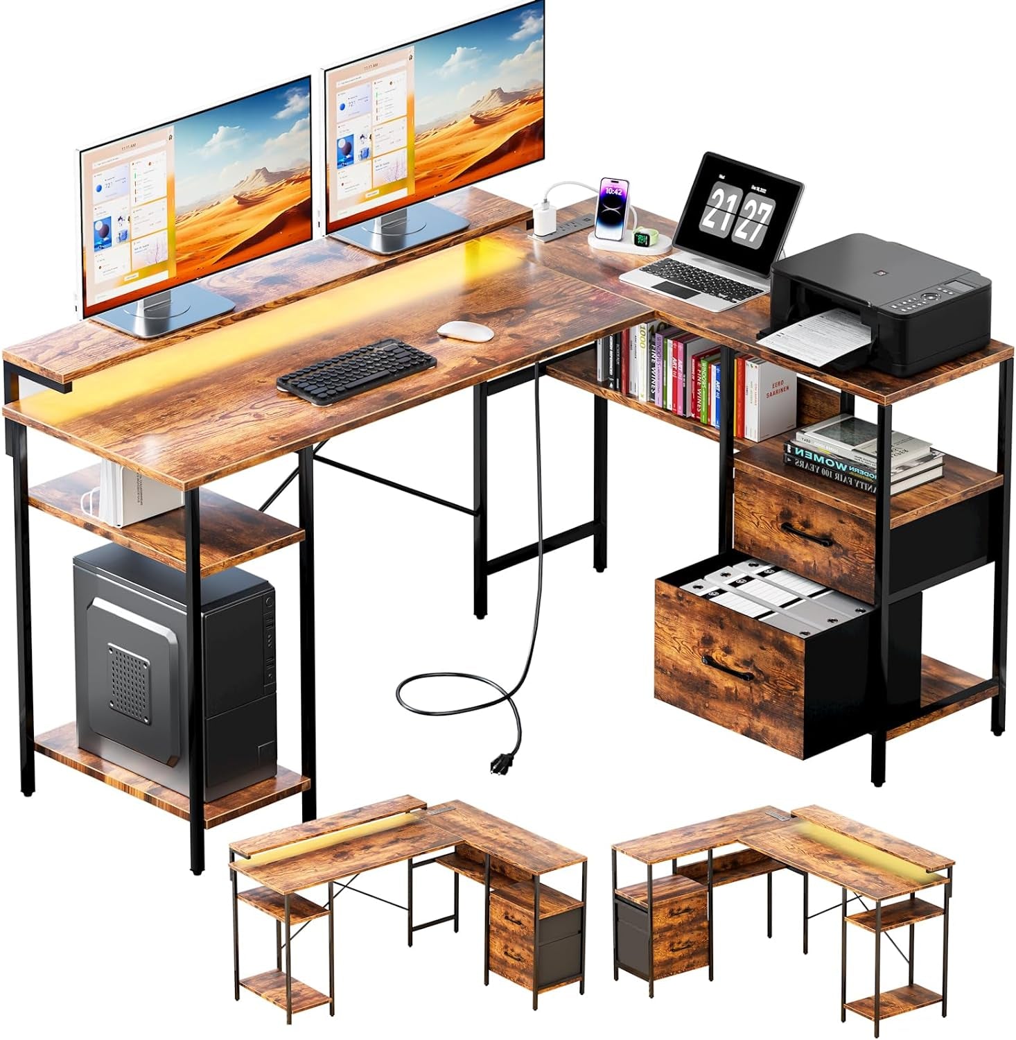 L-Shaped Home Office Desk with 2 Drawer Office Computer Desk with Monitor Stand Power Outlets and LED Lights Reversible Corner Gaming Desk 61 Inch Rustic Brown