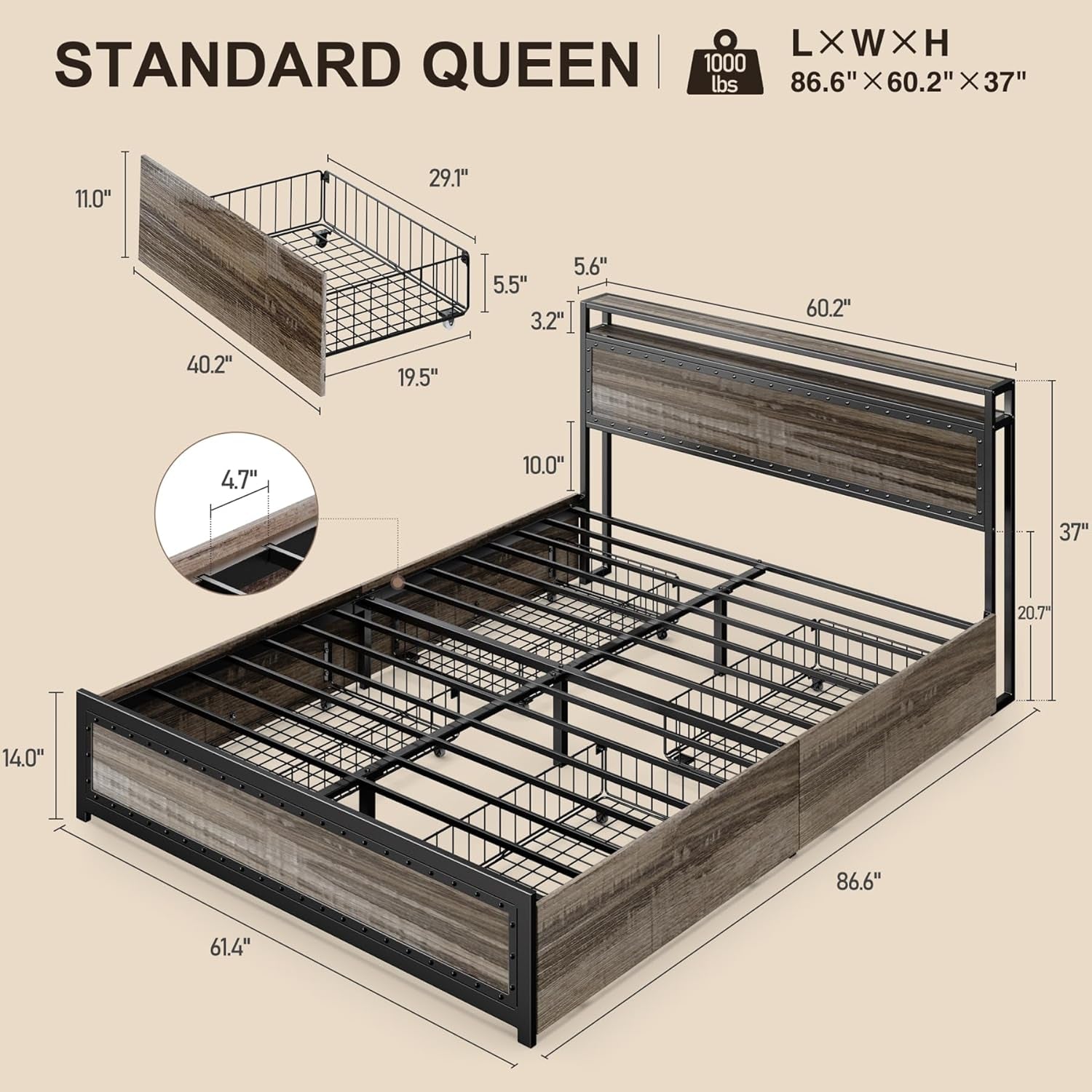 Queen Bed Frame with 4 Storage Drawers and 2-Tier Headboard, Platform Bed Frame with Sturdy Steel Slats, Noise Free, No Box Spring Needed, Easy Assemble, Grey
