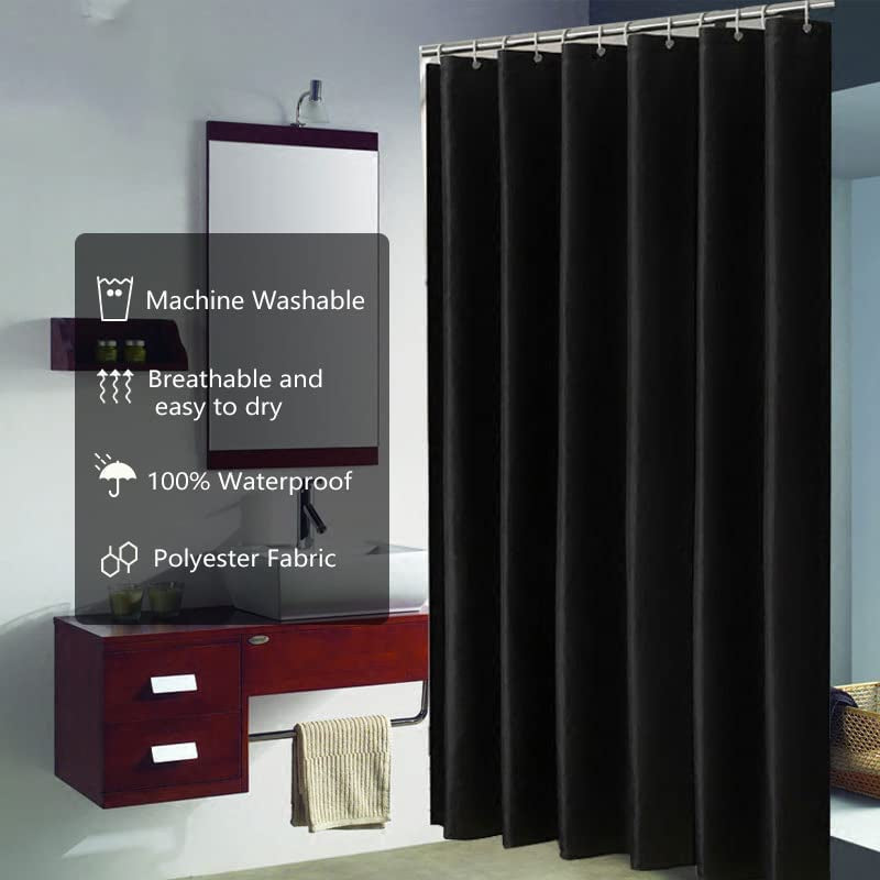 Fabric Shower Curtain Liner, Waterproof Hotel Quality, Bathroom Curtains Rust Resistant Grommets, 72 X 72 Machine Washable (Black)