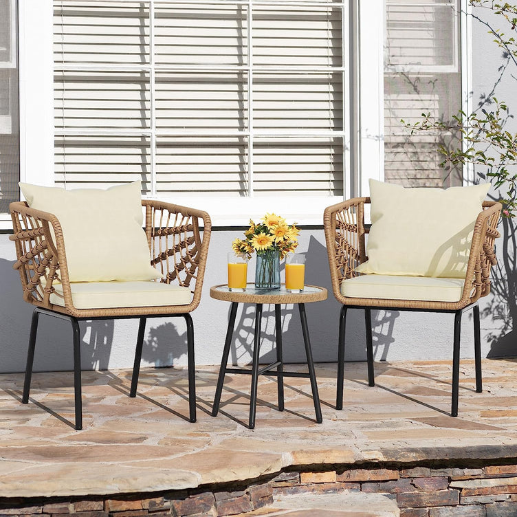 Wicker 3-Piece Outdoor Bistro Set, All-Weather Patio Conversation Set for Balcony, Backyard, Pool, Porch, Deck, Outdoor Sectional Furniture Set with Table & Cushions - Beige
