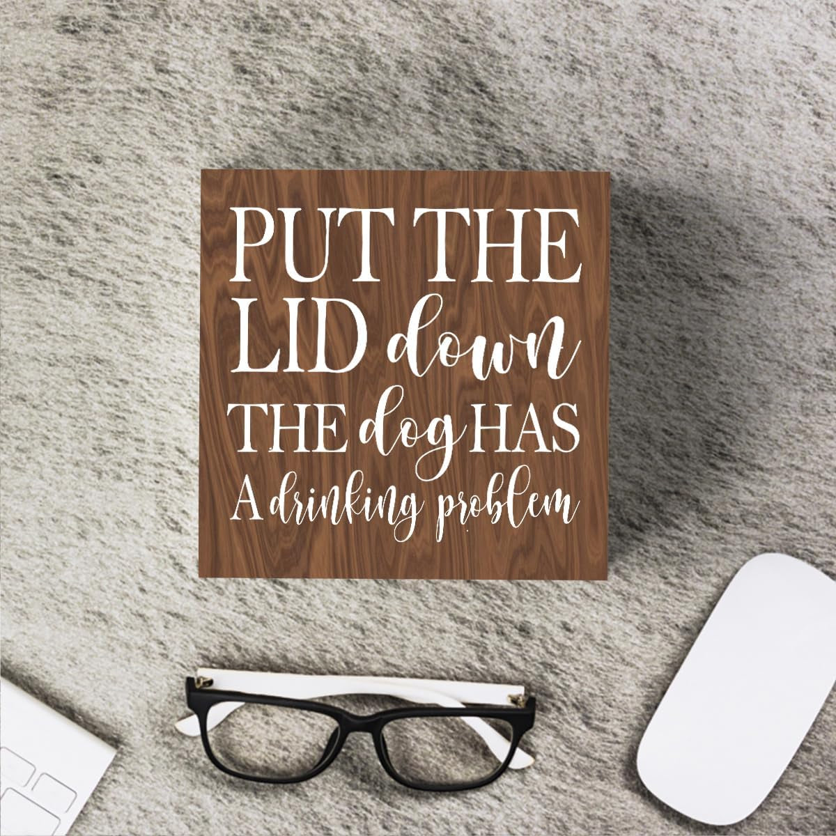 Put the Lid down the Dog Has a Drinking Problem Wooden Box Sign Decorative Funny Bathroom Wood Box Sign Home Decor Rustic Farmhouse Square Desk Decor Sign for Shelf 5 X 5 Inches Burlywood