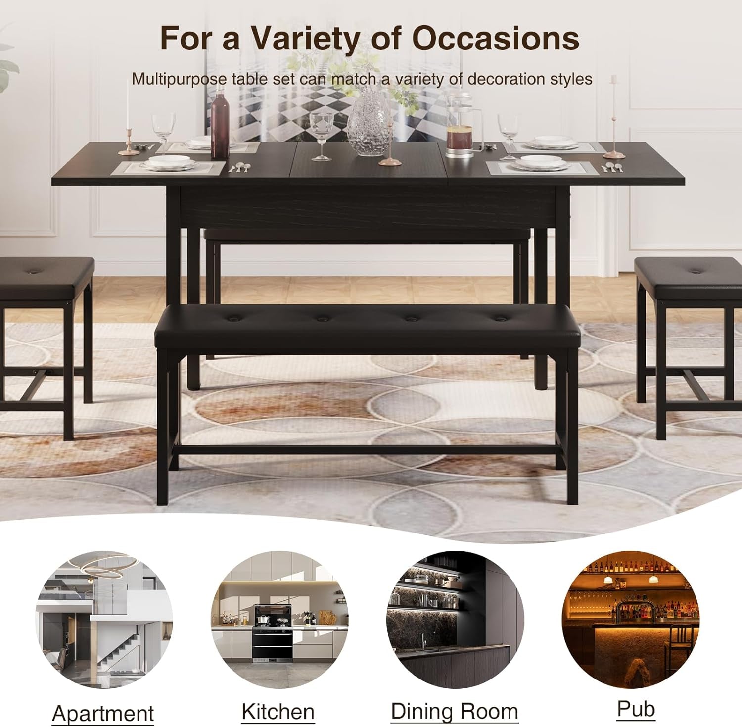 5-Piece Dining Table Set, Kitchen Table Set with Metal Frame & Wooden Board for 4-8，63
