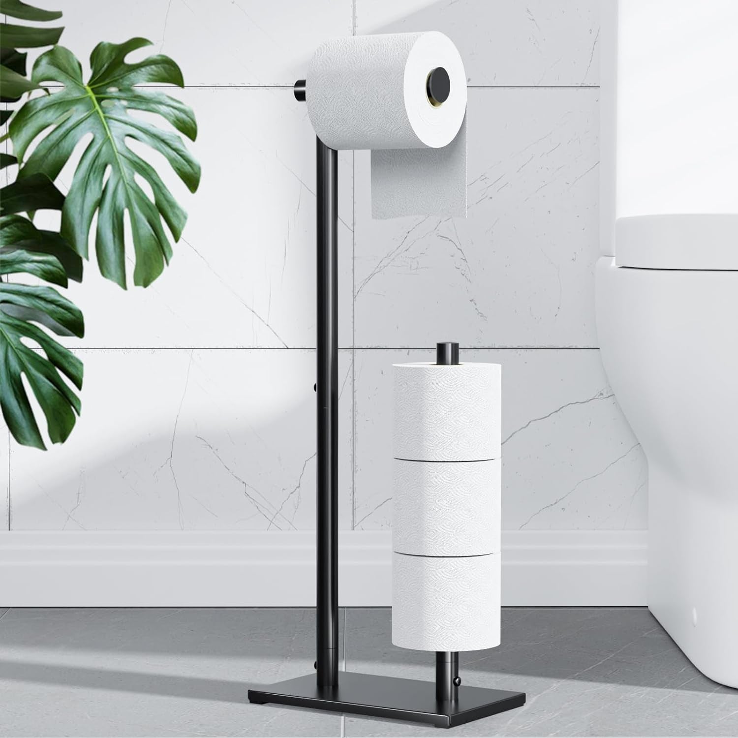 Toilet Paper Holder Free Standing - Large Capacity Toilet Paper Roll Holder for 4 Rolls, Rustproof Toilet Paper Stand with Non-Slip Stable Base, Black Toilet Paper Holder Stand for Bathroom