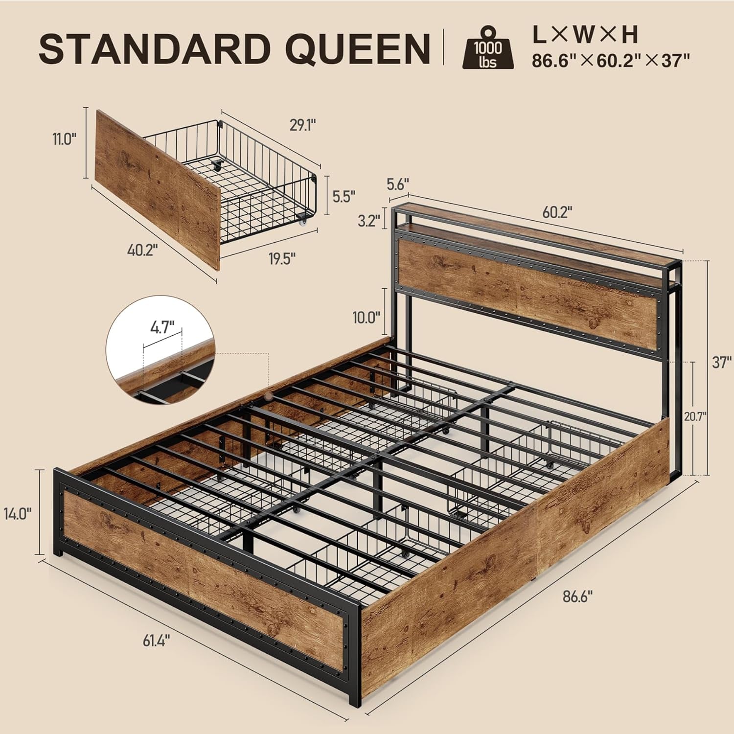 Queen Bed Frame with 4 Storage Drawers and 2-Tier Headboard, Platform Bed Frame with Sturdy Steel Slats, Noise Free, No Box Spring Needed, Easy Assemble, Retro