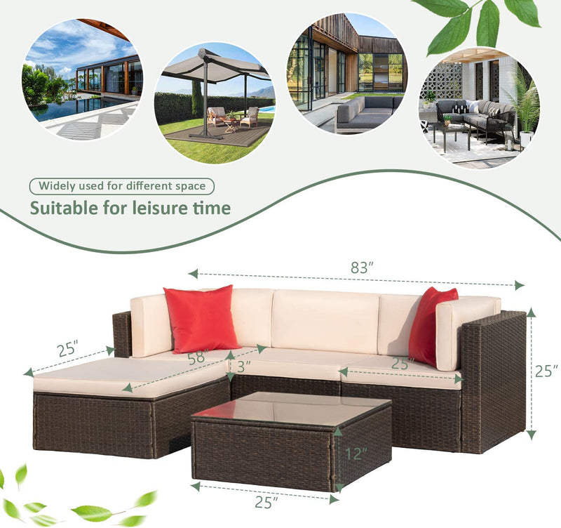 5 Pieces Patio Furniture Sets All Weather Outdoor Sectional Patio Sofa Manual Weaving Wicker Rattan Patio Seating Sofas with Cushion and Glass Table(Beige)
