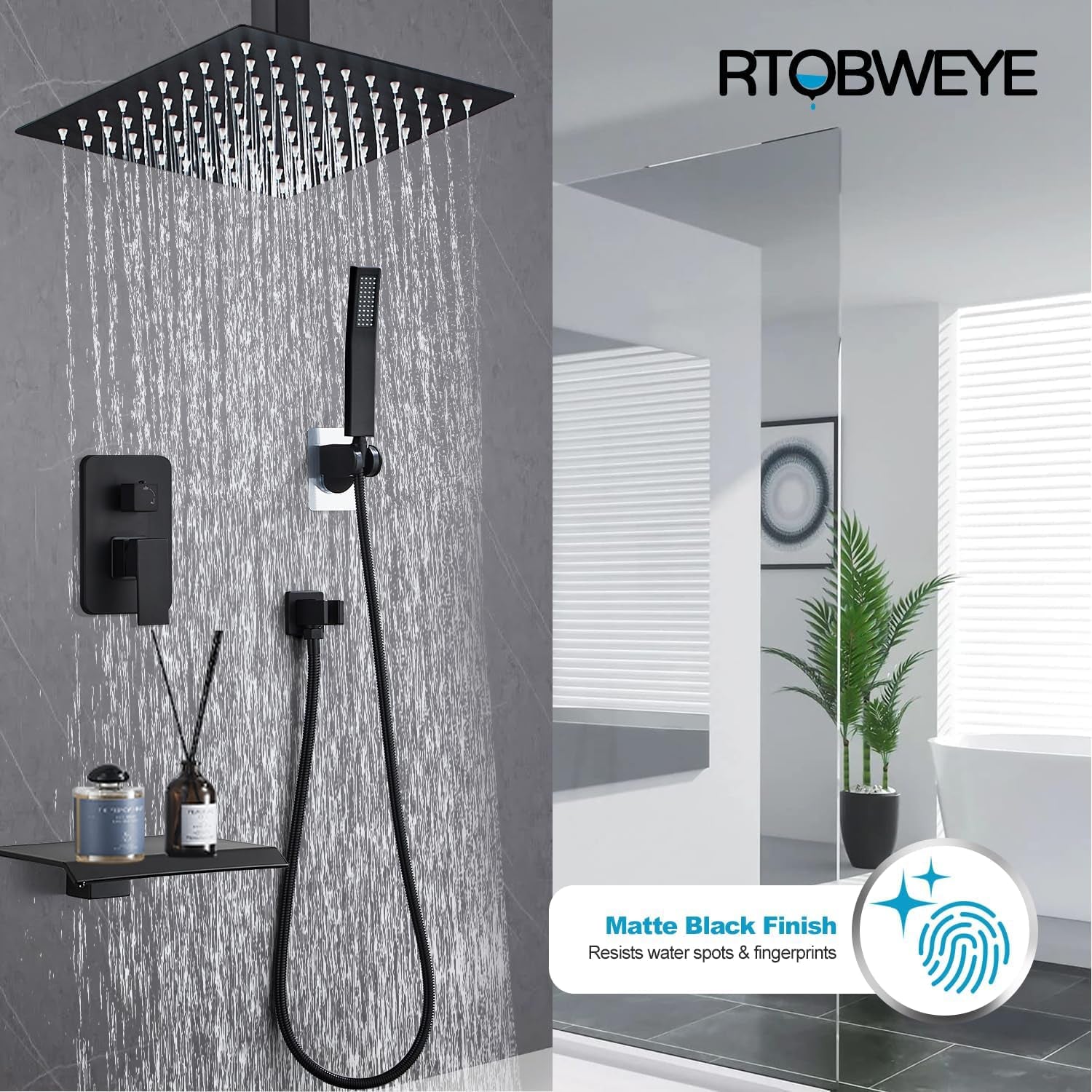 8 Inch Shower Faucet Set, Rainfall Shower System with High Pressure Handheld Shower Head, Bathroom Mixer Shower Set Ceiling Mounted Rough-In Valve and Trim Kit, Matte Black, with Tub Spout