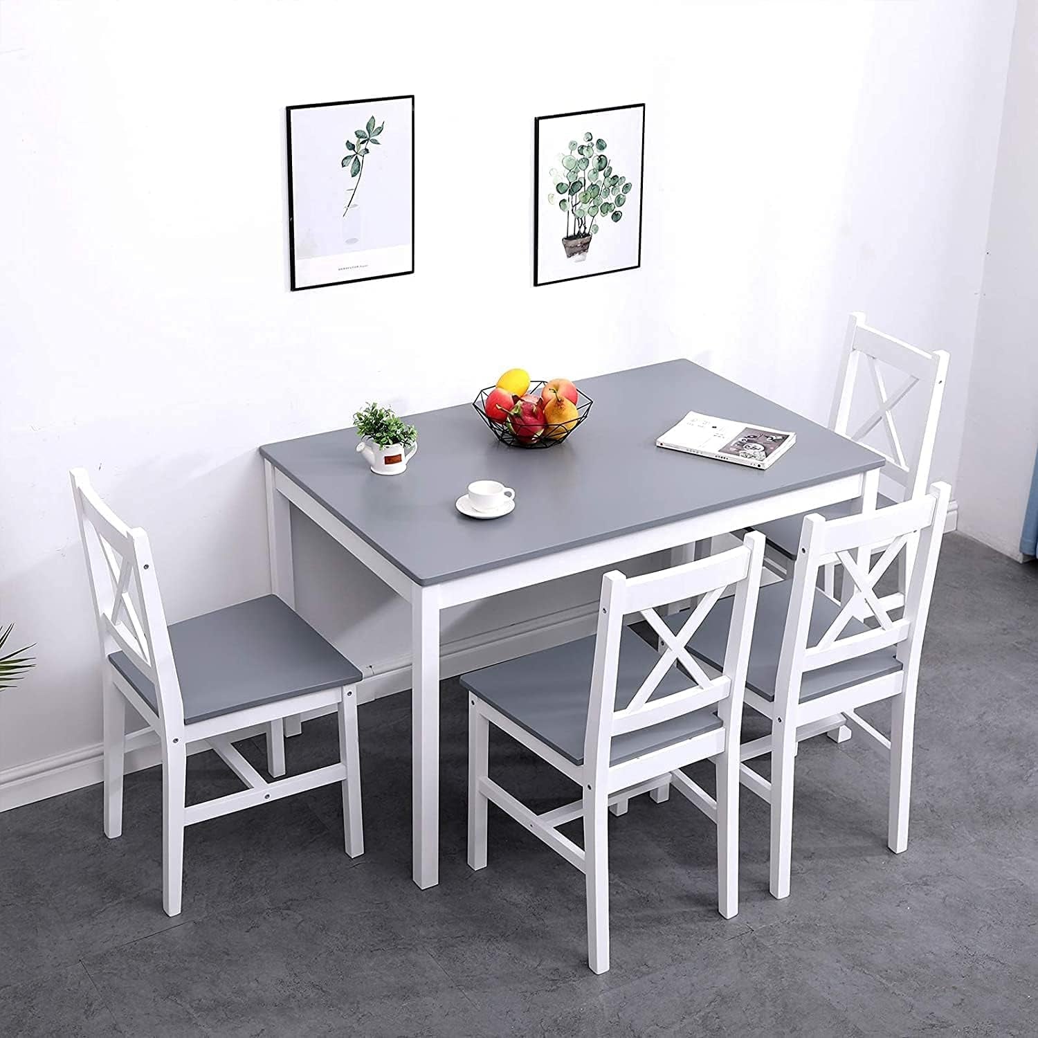4-Person Dining Table Set 5 Pieces, Wood Kitchen Table Set with 4 Chairs for Kitchen Dining Room Restaurant, Grey and White