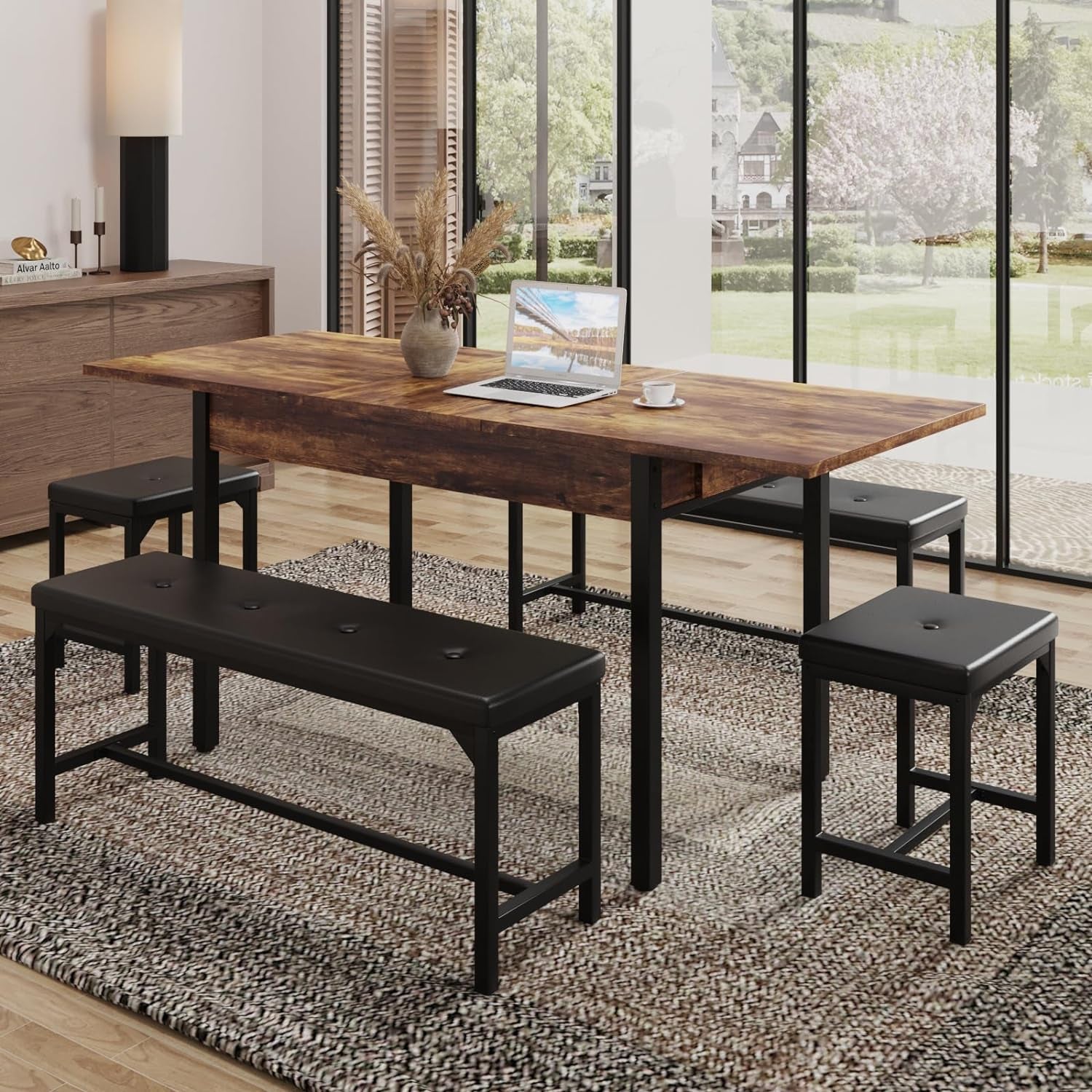 5-Piece Dining Table Set, Kitchen Table Set with Metal Frame & Wooden Board for 4-8, 63