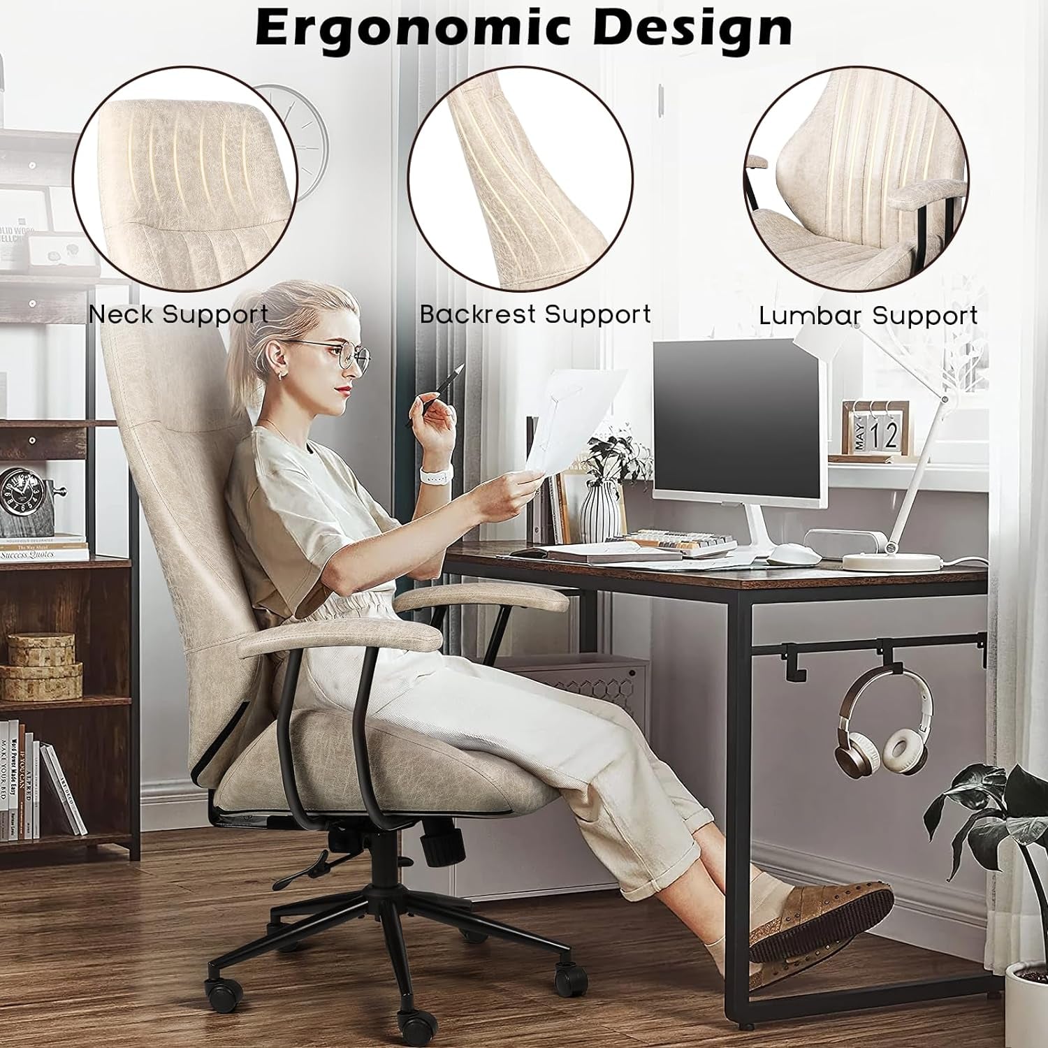 Leather Office Chair,Computer Chair,Computer Desk Chair,Morden Ergonomic Desk Chair,High Back Desk Chair,Height Adjustable Suede Fabric Executive Chair with Padded Armrest (Beige)