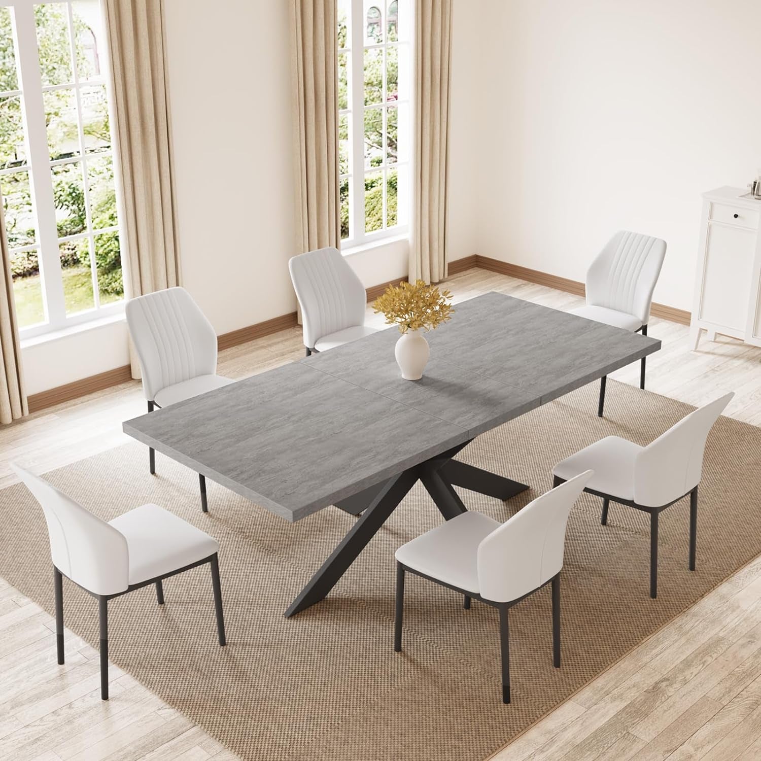 6-8 People Modern Dining Table Rectangular Kitchen Dining Table Space-Saving Expandable Dining Table Metal Frame (Gray Table + 6 White Chairs)