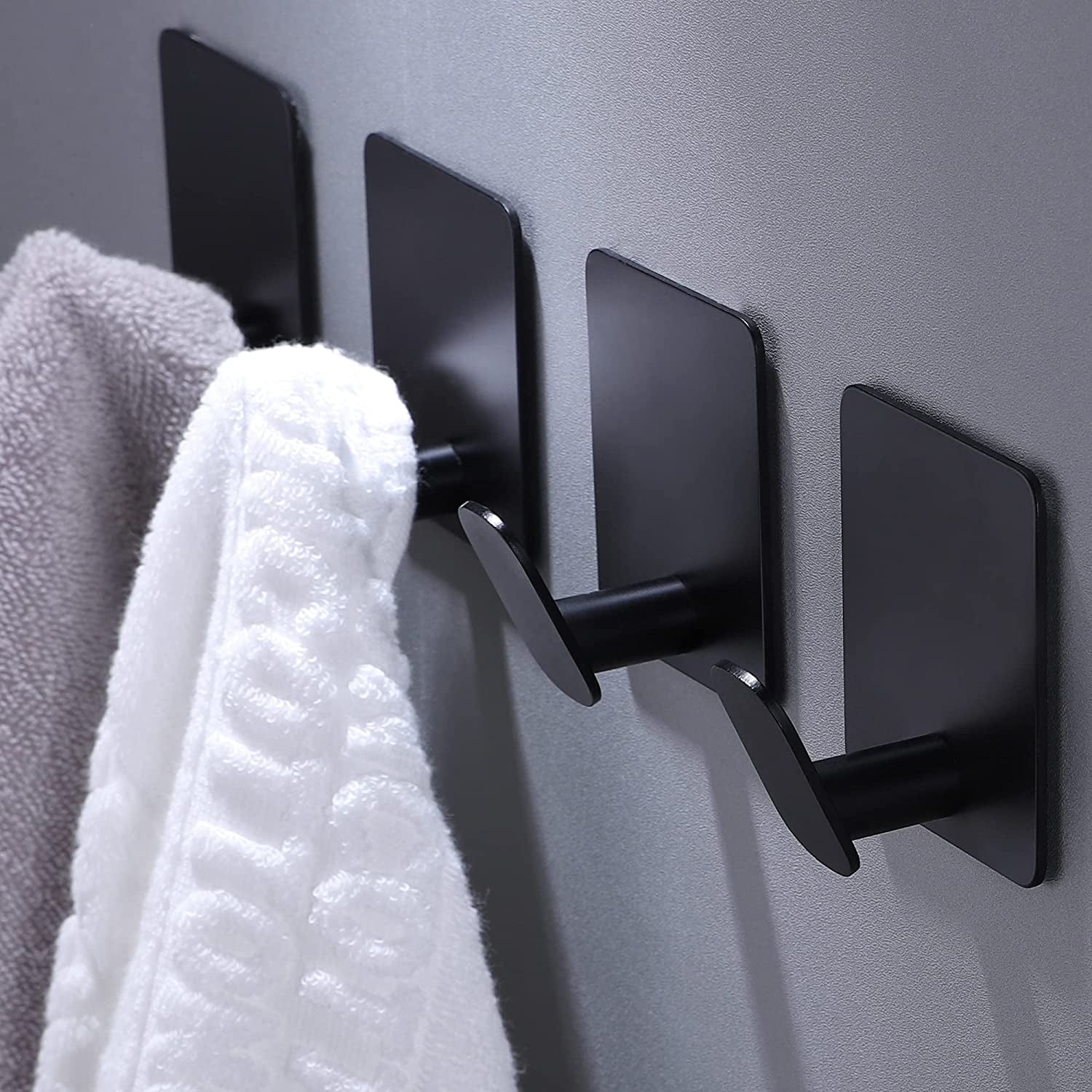 Adhesive Hooks - 4 Pack Towel/Coat Hooks Wall Hooks Stick on Bathroom or Kitchen (Matte Black, Stainless Steel)
