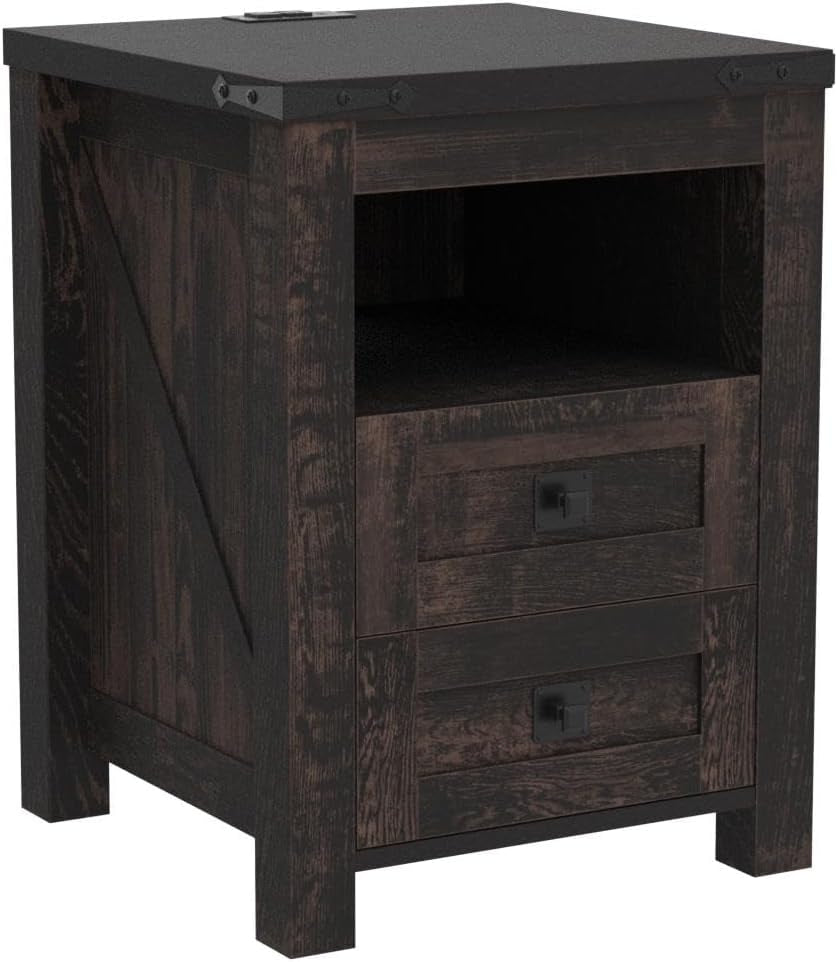 Nightstand with Charging Station, End Table, Side Table with 2 Drawers Storage Cabinet for Bedroom, Living Room, Farmhouse Design, Wood Rustic, Dark Rustic Oak