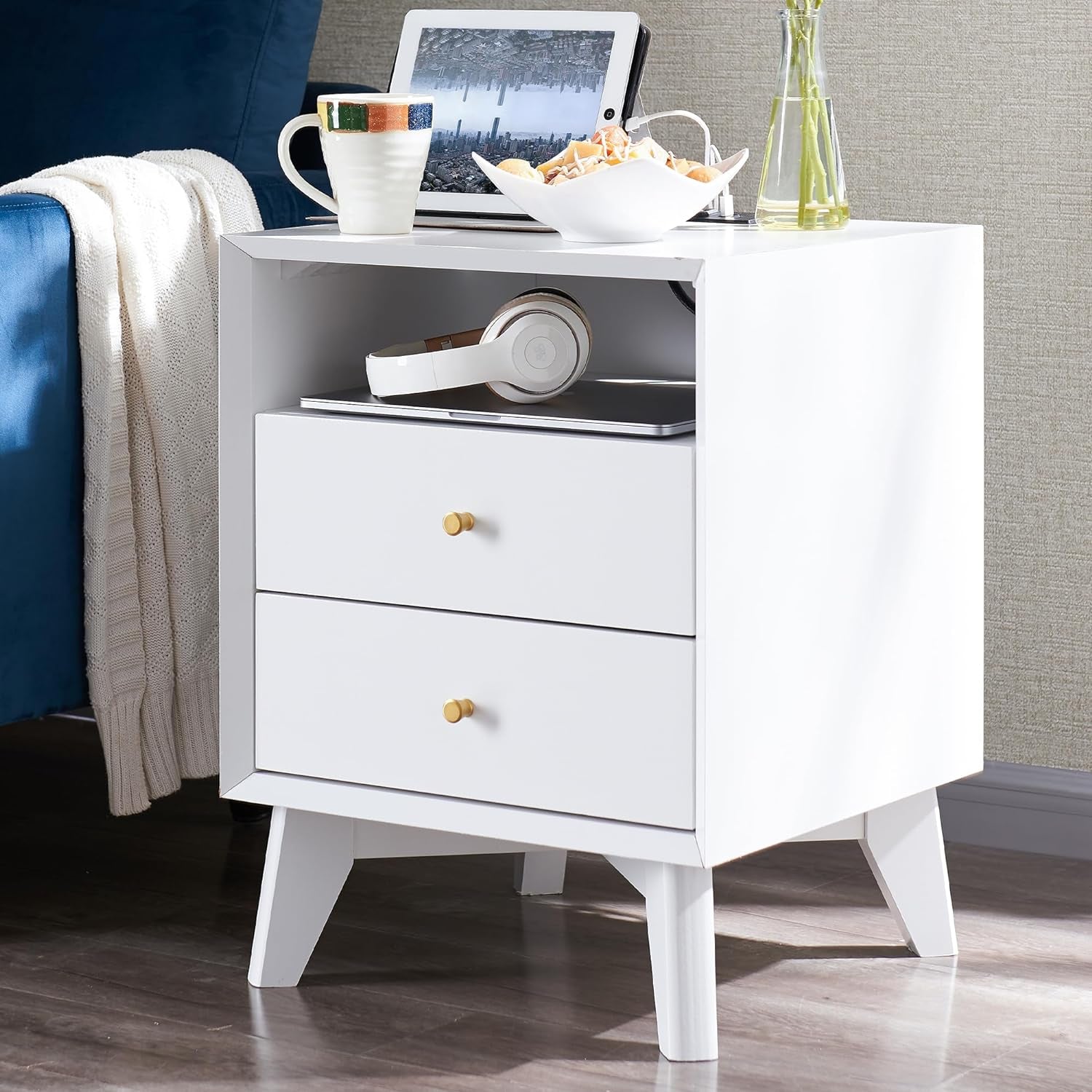Nightstand with Charging Station, Modern End Table, Bedside Table with 2 Drawers, Mid Century Side Table Storage Cabinet for Bedroom, Living Room, Home Office, Solid White