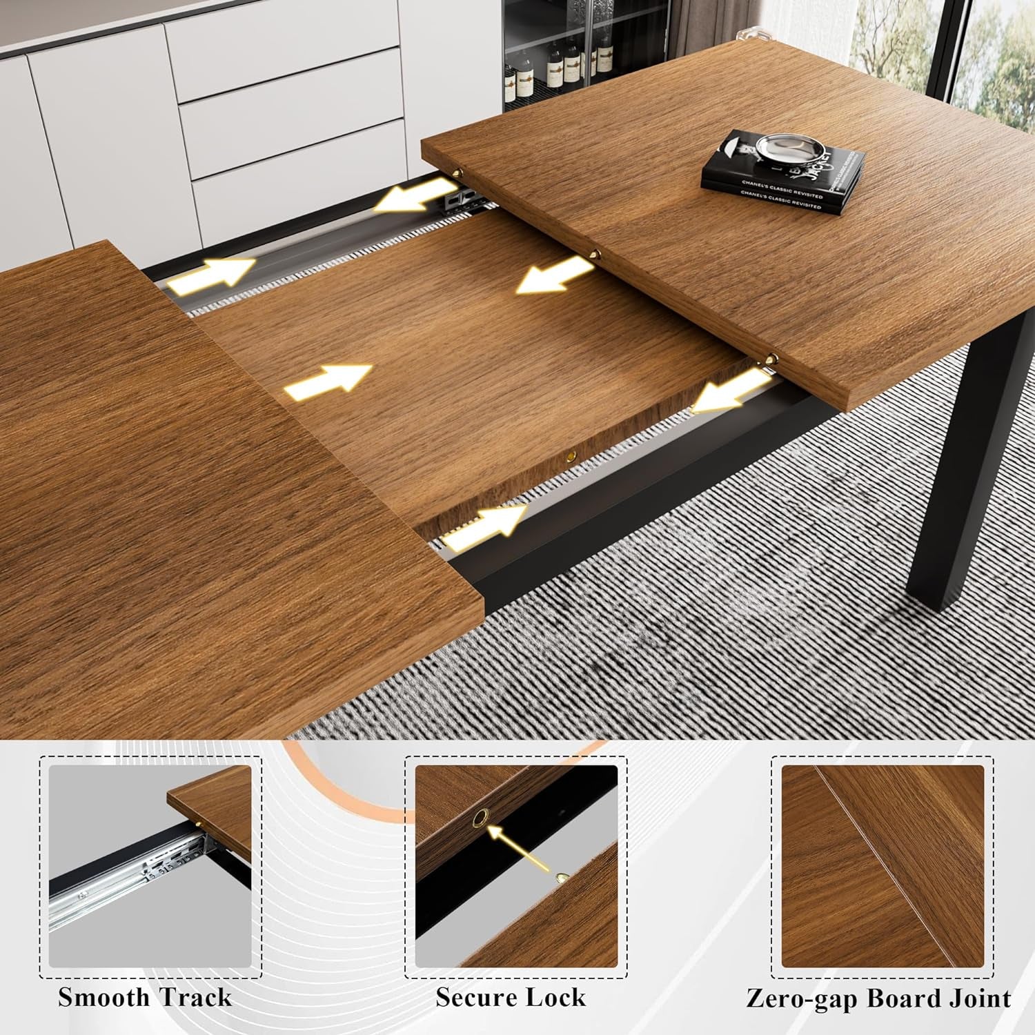 5-Piece Dining Table Set for 4-8 People, Extendable Kitchen Table Set with 2 Benches and 2 Square Stools, Mid-Century Dining Room Table with Metal Frame & MDF Board, Saving Space, Walnut