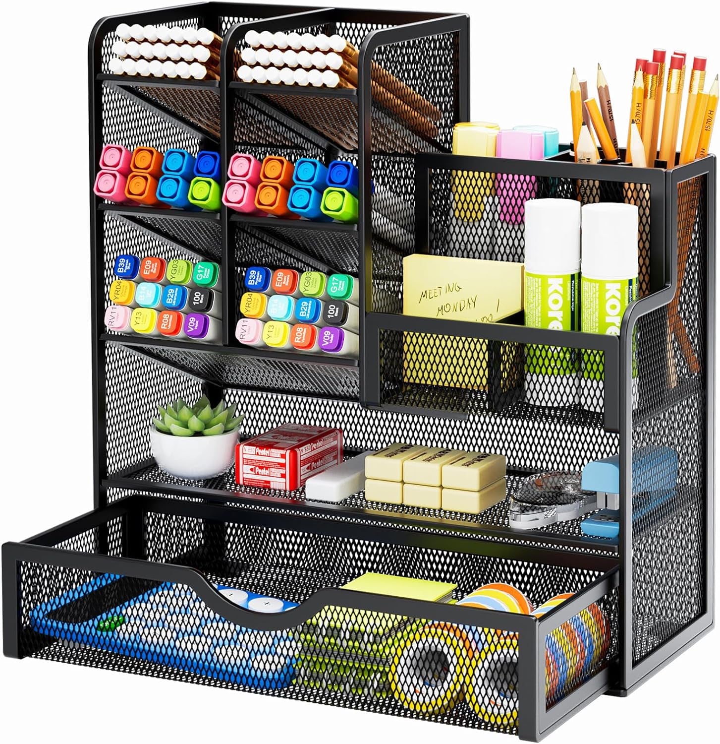 Mesh Pen Holder for Desk, Desk Organizer with Drawer, Multi-Functional Pencil Organizer, Desk Organizers and Accessories for Office Art Supplies (Black)