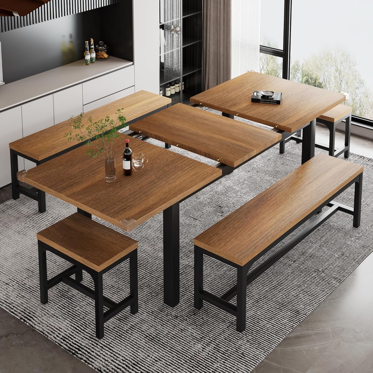 5-Piece Dining Table Set for 4-8 People, Extendable Kitchen Table Set with 2 Benches and 2 Square Stools, Mid-Century Dining Room Table with Metal Frame & MDF Board, Saving Space, Walnut