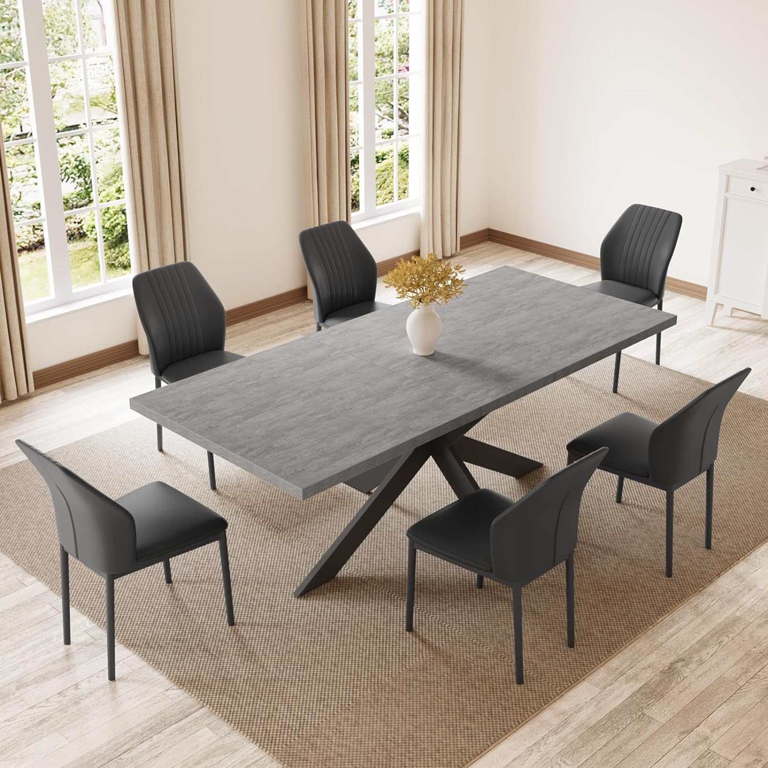 6-8 People Modern Dining Table Rectangular Kitchen Dining Table Space-Saving Expandable Dining Table Metal Frame Wood Dining Table and 6 Upholstered Chairs