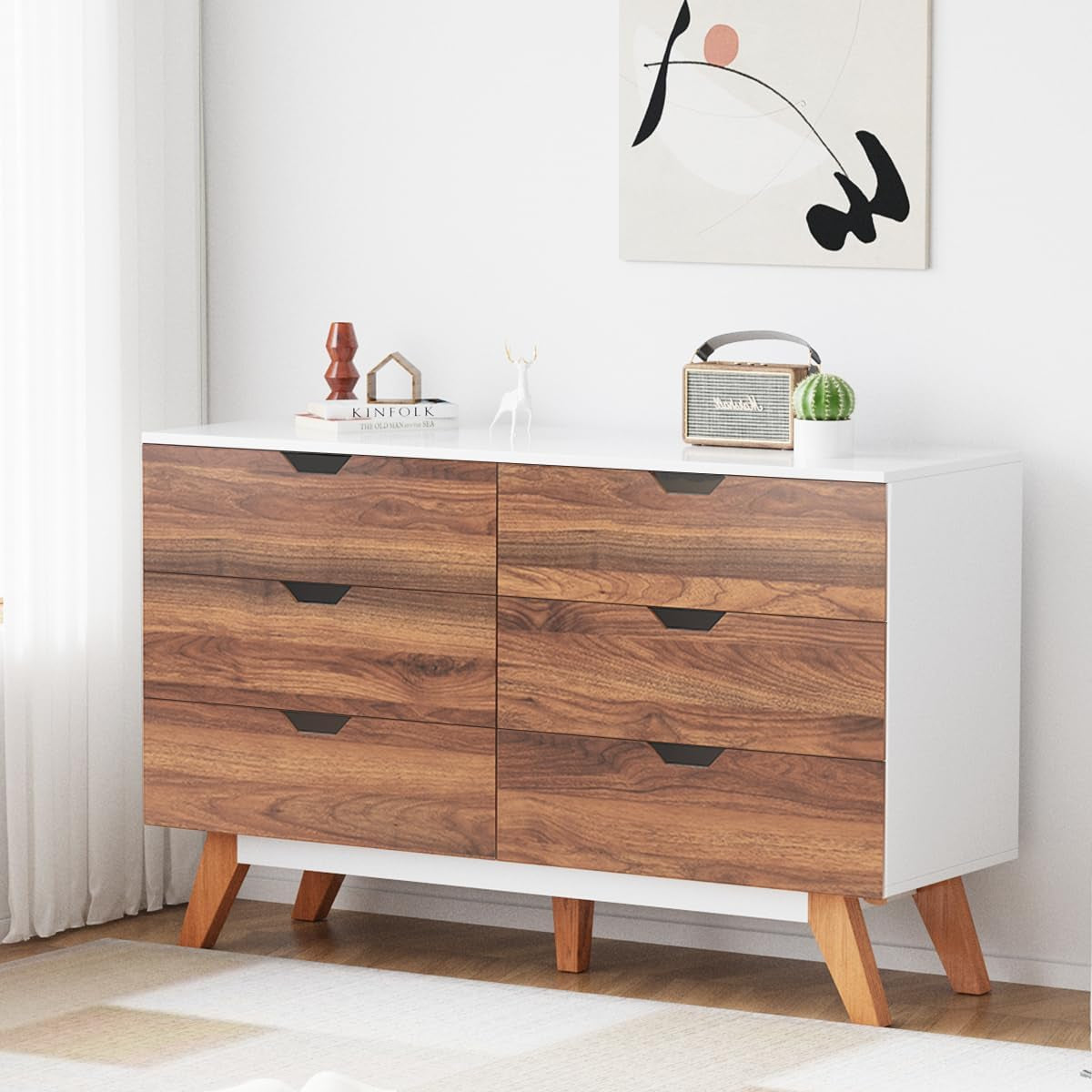 Wood Dresser with 6 Deep Drawers, Modern 6 Chest of Drawers Wood Double Dressers, Wooden Storage Cabinet for Bedroom, Living Room, Hallway, Entryway - Walnut