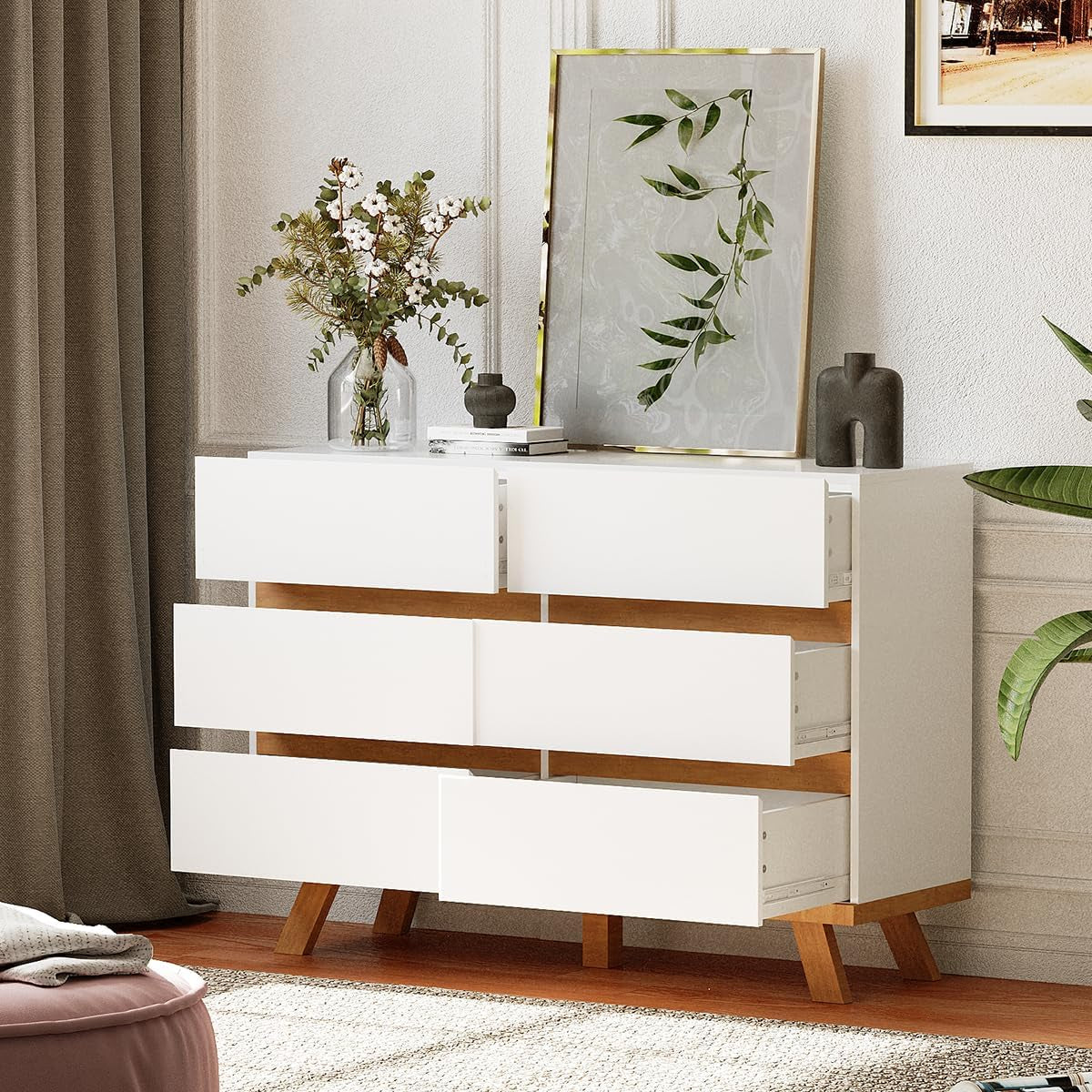 White Wooden Dresser with 6 Deep Drawers, 6 Chest of Drawers Double Dressers, Modern Storage Cabinet for Bedroom, Living Room, Hallway, Entryway - White