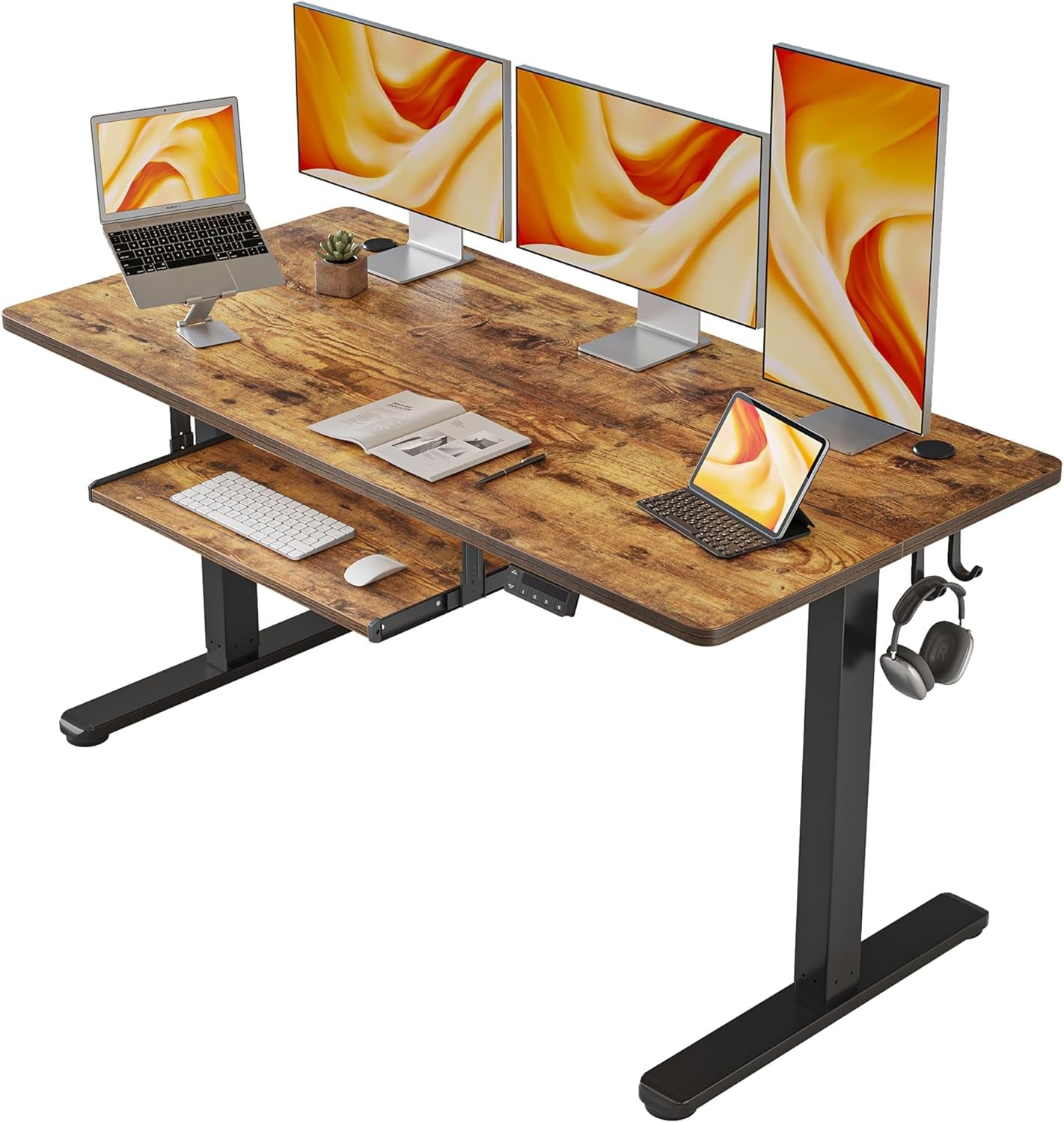 Standing Desk with Keyboard Tray, 55 × 24 Inches Electric Height Adjustable Desk, Sit Stand up Desk, Computer Office Desk, Rustic Brown