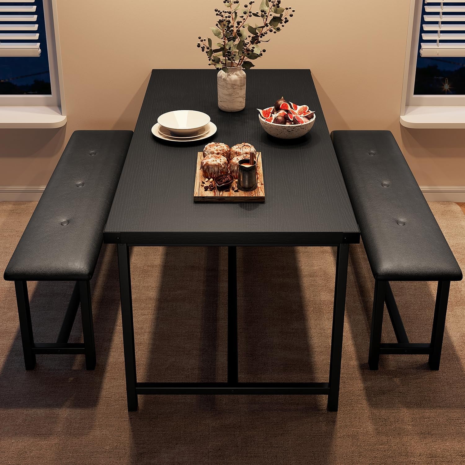 Dining Table Set for 4, Kitchen Table Set for 4 with Upholstered Benches, Rectangular Dining Room Table Set for Small Space, Apartment, Studio, Rustic Black