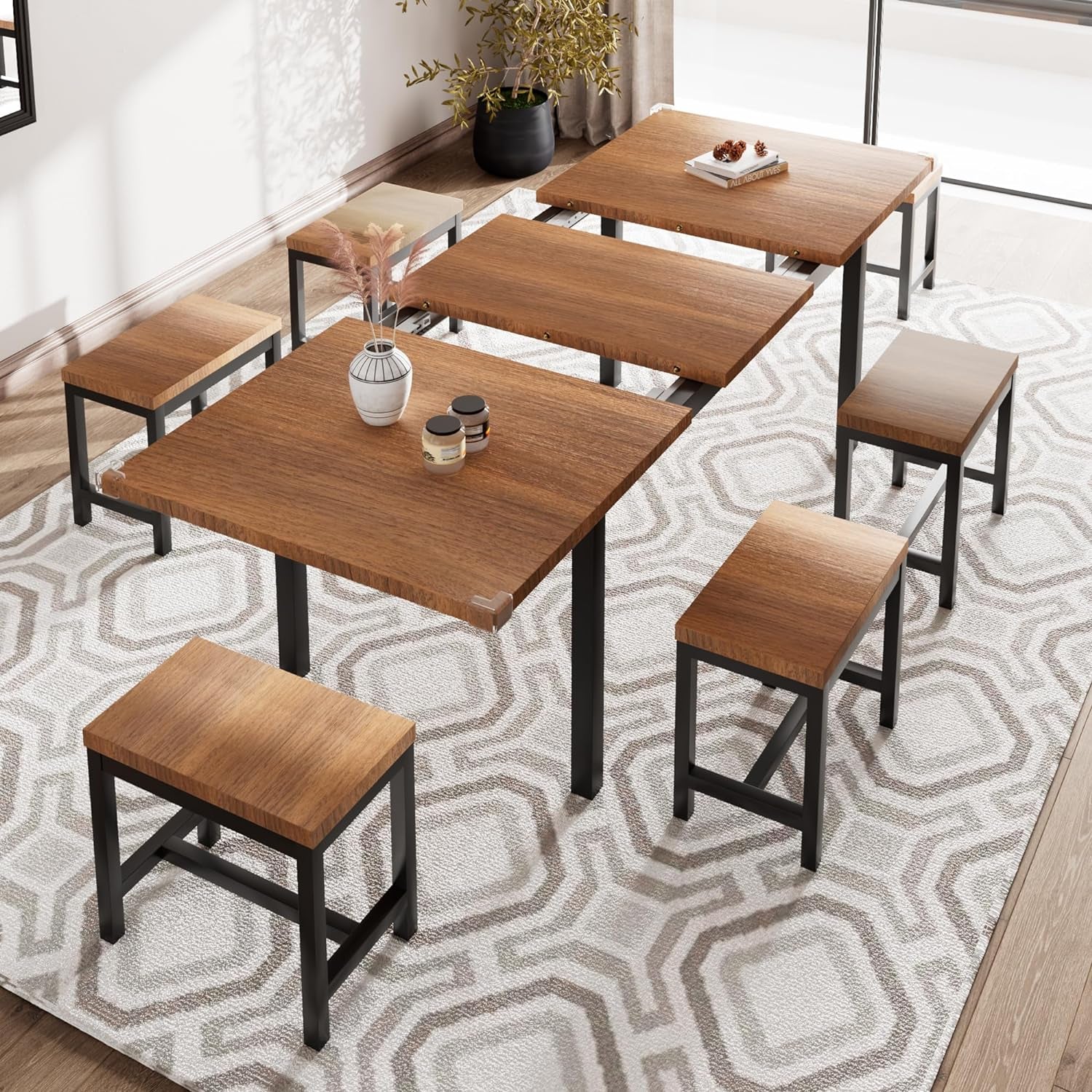 7-Piece Dining Table Set with 6 Stools, 63