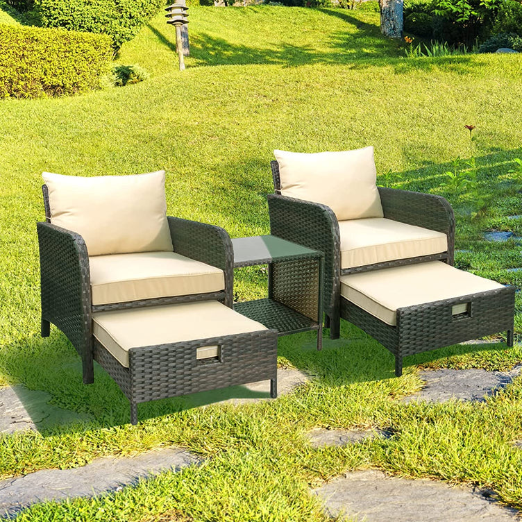 Balcony Furniture 5 Piece Patio Conversation Set, PE Wicker Rattan Outdoor Lounge Chairs with Soft Cushions 2 Ottoman&Glass Table for Porch, Lawn-Brown Wicker