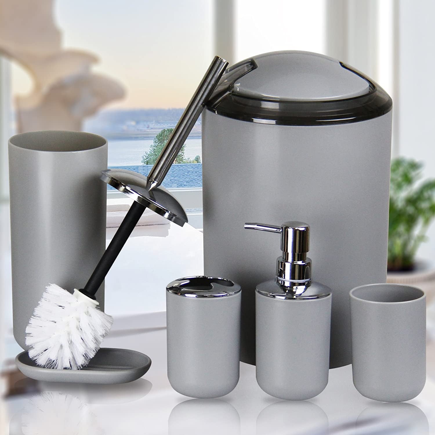 Bathroom Accessories Set, 6-Piece Plastic Gift Set, Toothbrush Holder, Toothbrush Cup, Soap Dispenser, Soap Dish, Toilet Brush Holder, Trash Can (Grey)