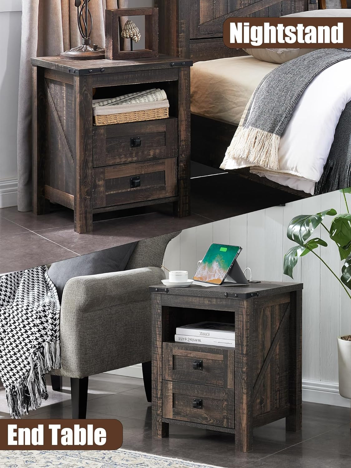 Nightstand with Charging Station, End Table, Side Table with 2 Drawers Storage Cabinet for Bedroom, Living Room, Farmhouse Design, Wood Rustic, Dark Rustic Oak