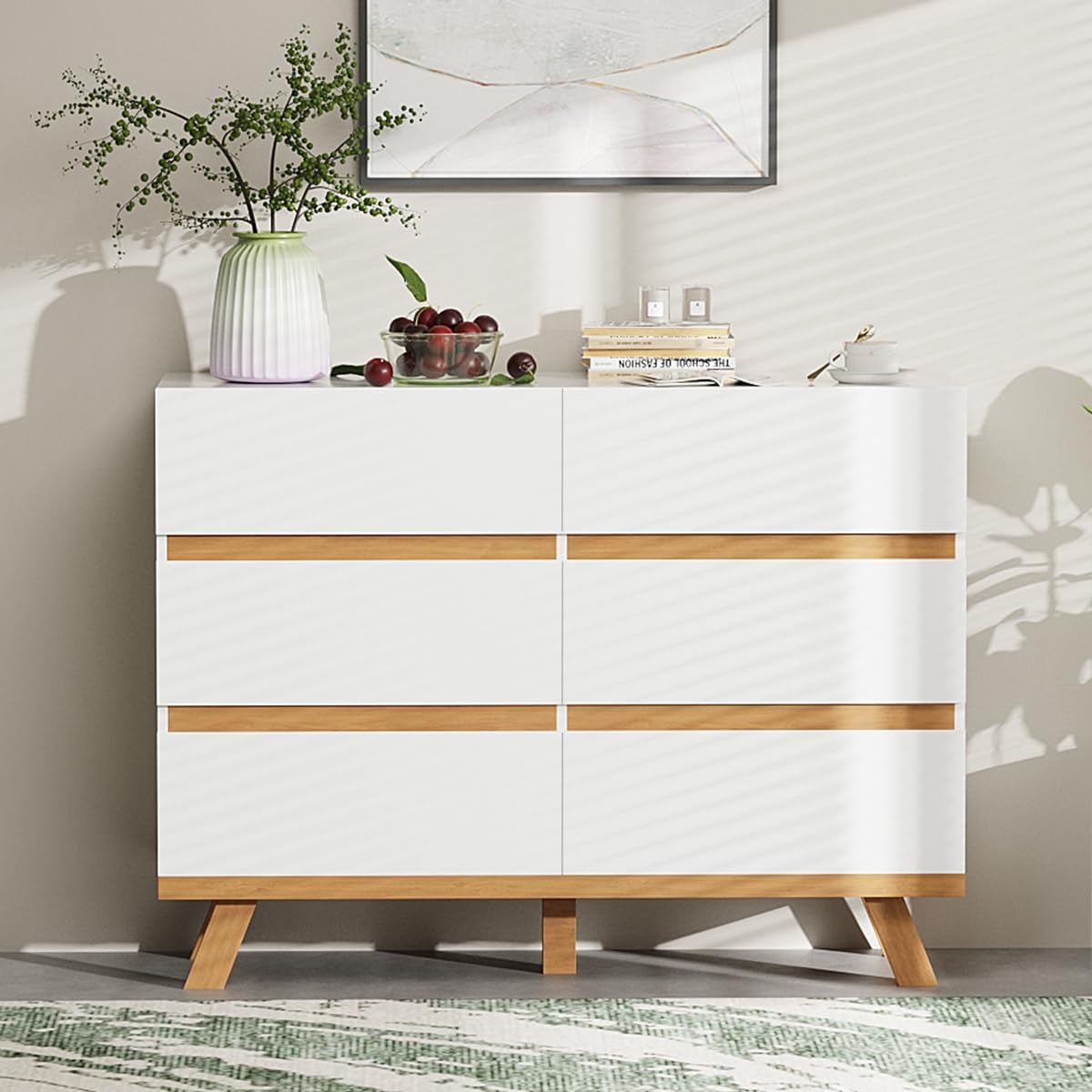 White Wooden Dresser with 6 Deep Drawers, 6 Chest of Drawers Double Dressers, Modern Storage Cabinet for Bedroom, Living Room, Hallway, Entryway - White