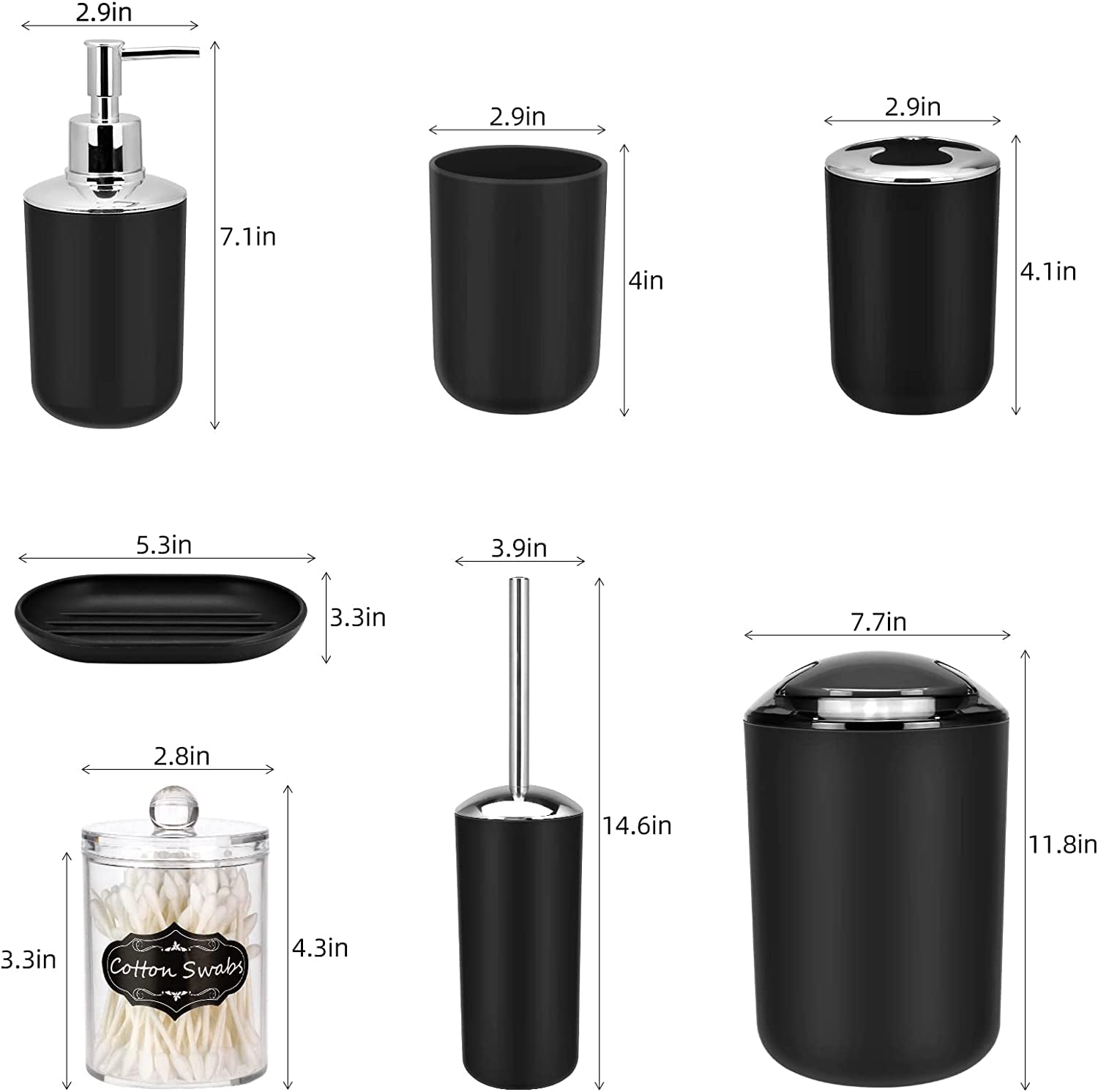 Bathroom Accessory Set - 8 Pcs Black Bathroom Accessories Set with Trash Can, Soap Dispenser, Soap Dish, Toothbrush Holder, Toothbrush Cup, Toilet Brush Holder, Qtip Holder Dispenser with Labels