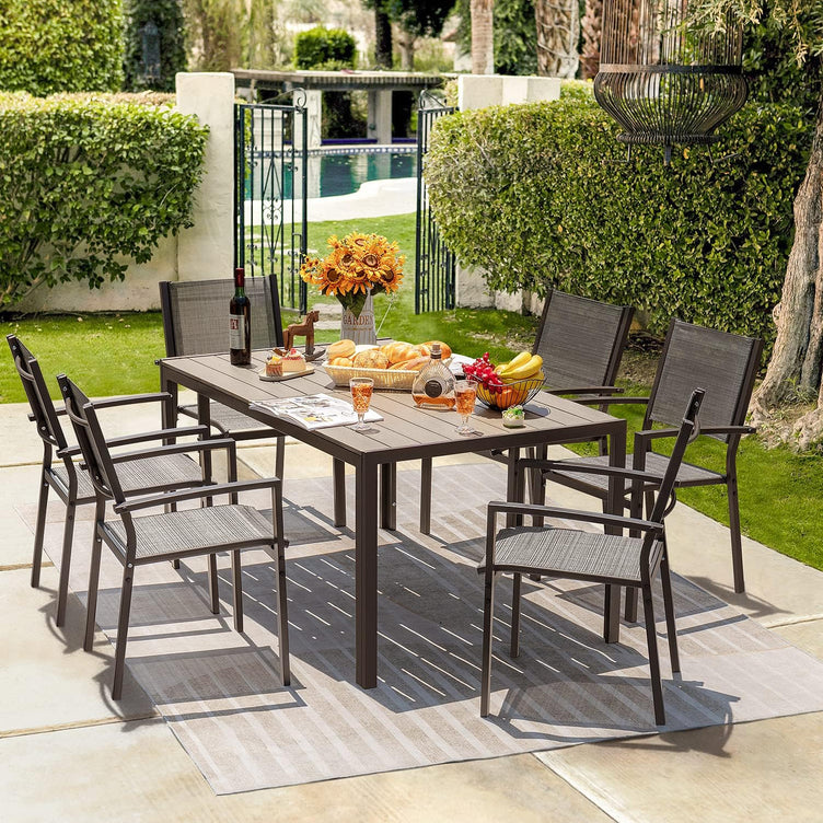 7 Pieces Patio Dining Set Outdoor Furniture with 6 Stackable Textilene Chairs and Large Table for Yard, Garden, Porch and Poolside (Grey)