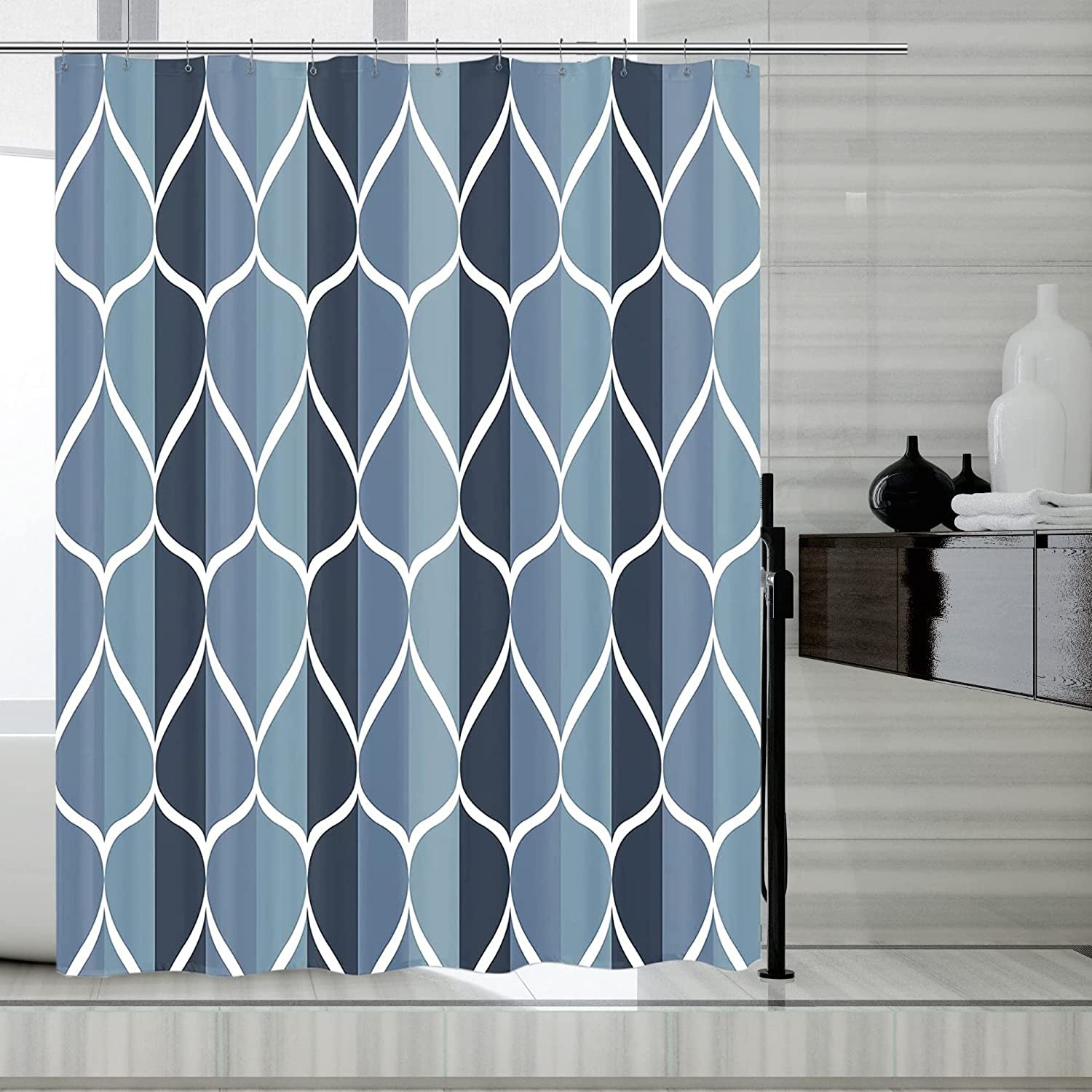 Blue Grid Fabric Shower Curtain Liner with Magnets, Waterproof Hotel Quality, 72 X 72 Machine Washable
