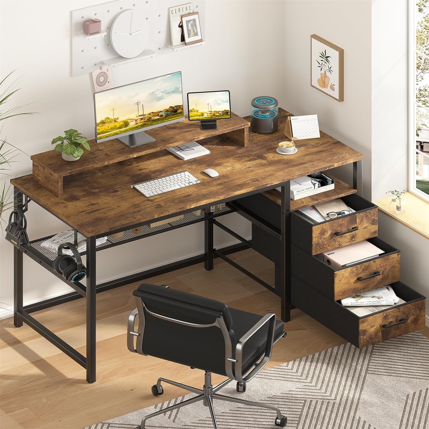 3 Drawer Computer Desk, Office Desk with Monitor Stand & Fabric Drawers, Writing Gaming Table with Storage Drawer for Home Office, Modern Workstation